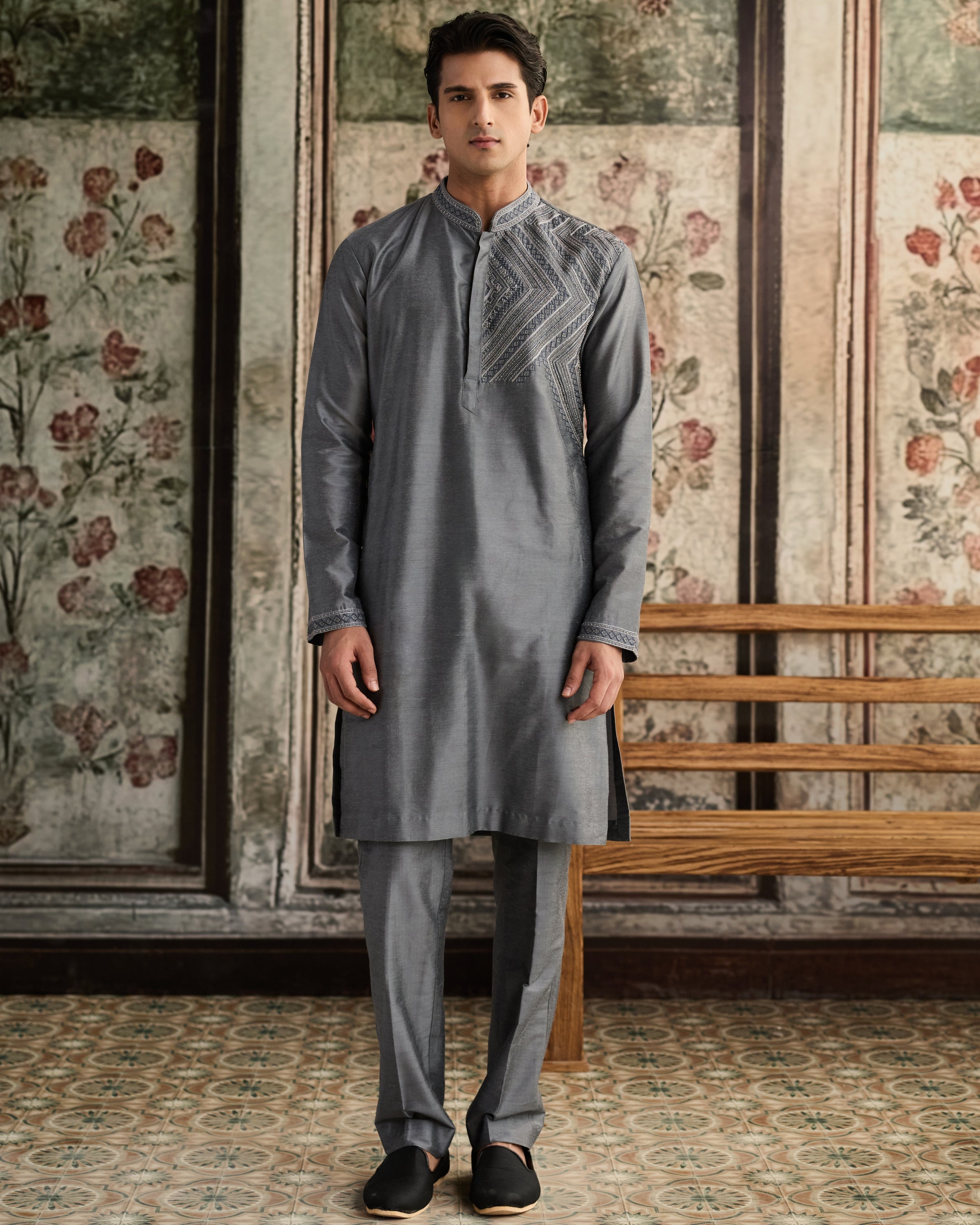 Grey Embroidered Kurta & Pants Set