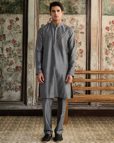 Grey Embroidered Kurta & Pants Set