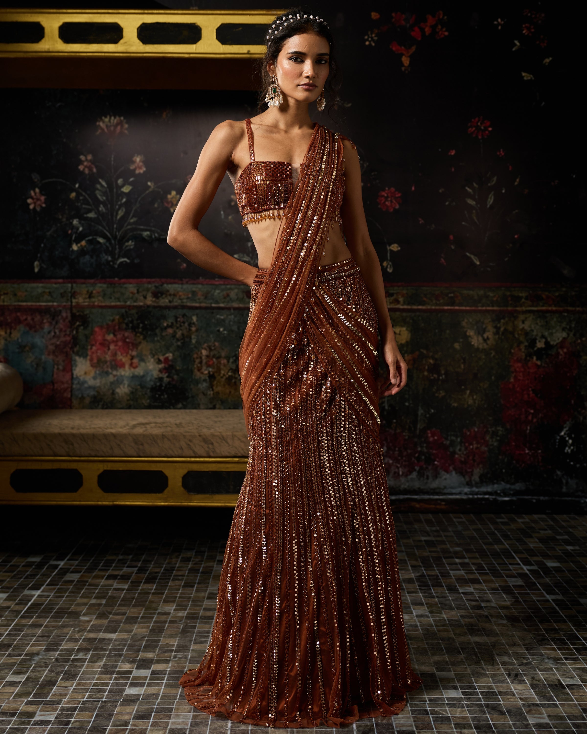 Metallic Rust Embellished Mermaid Skirt Sari Set