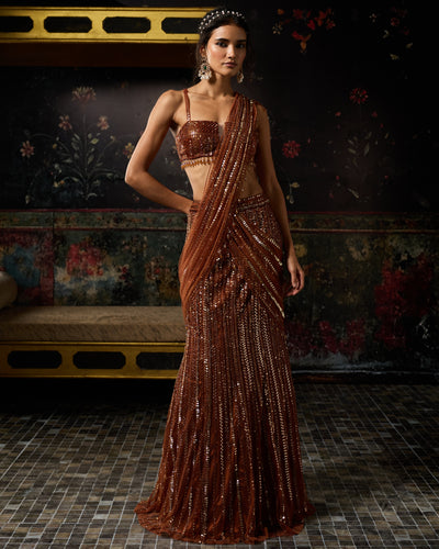 Metallic Rust Embellished Mermaid Skirt Sari Set
