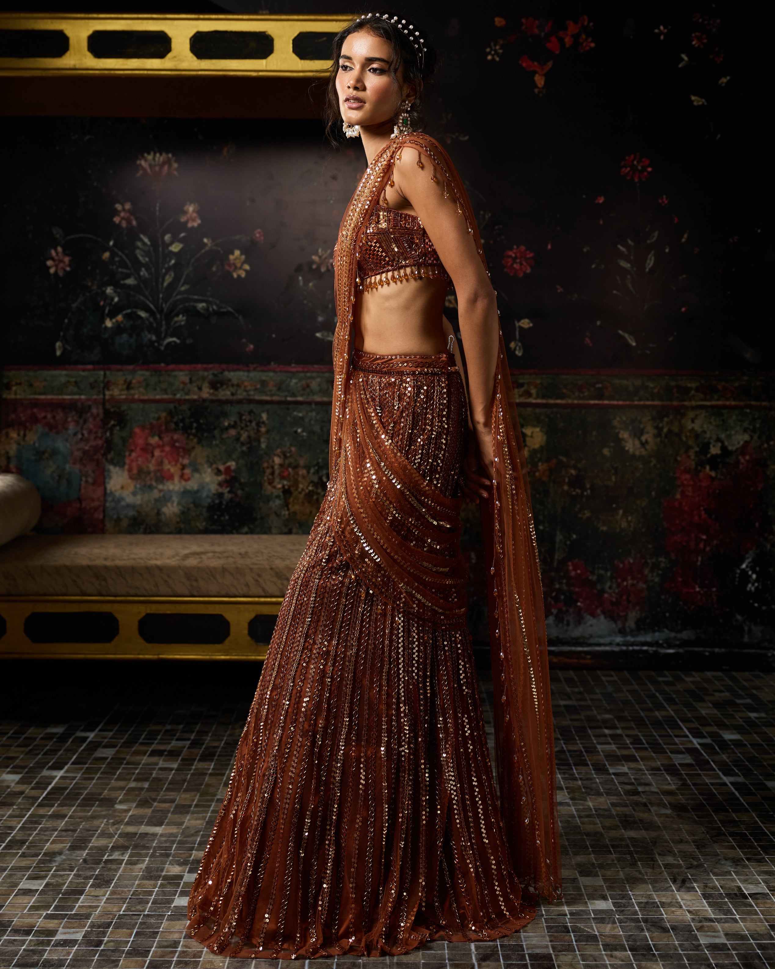 Metallic Rust Embellished Mermaid Skirt Sari Set