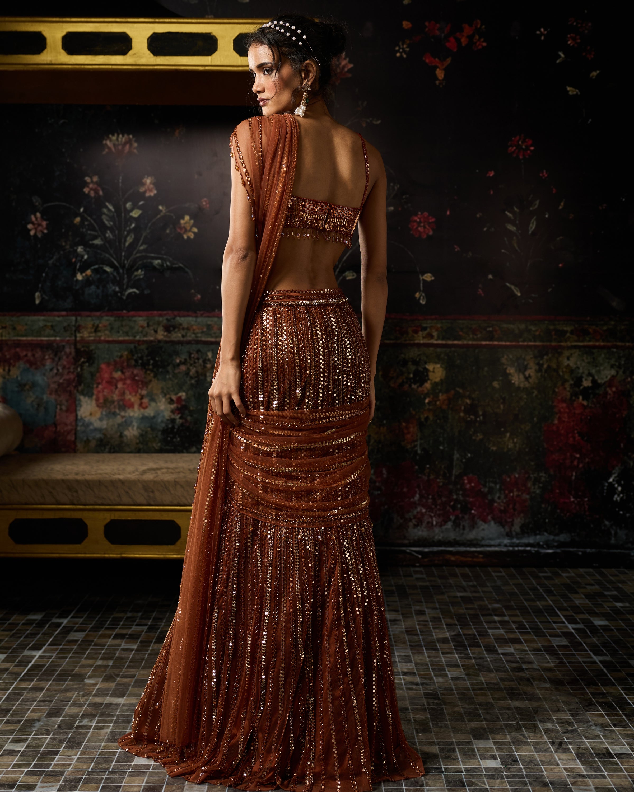 Metallic Rust Embellished Mermaid Skirt Sari Set