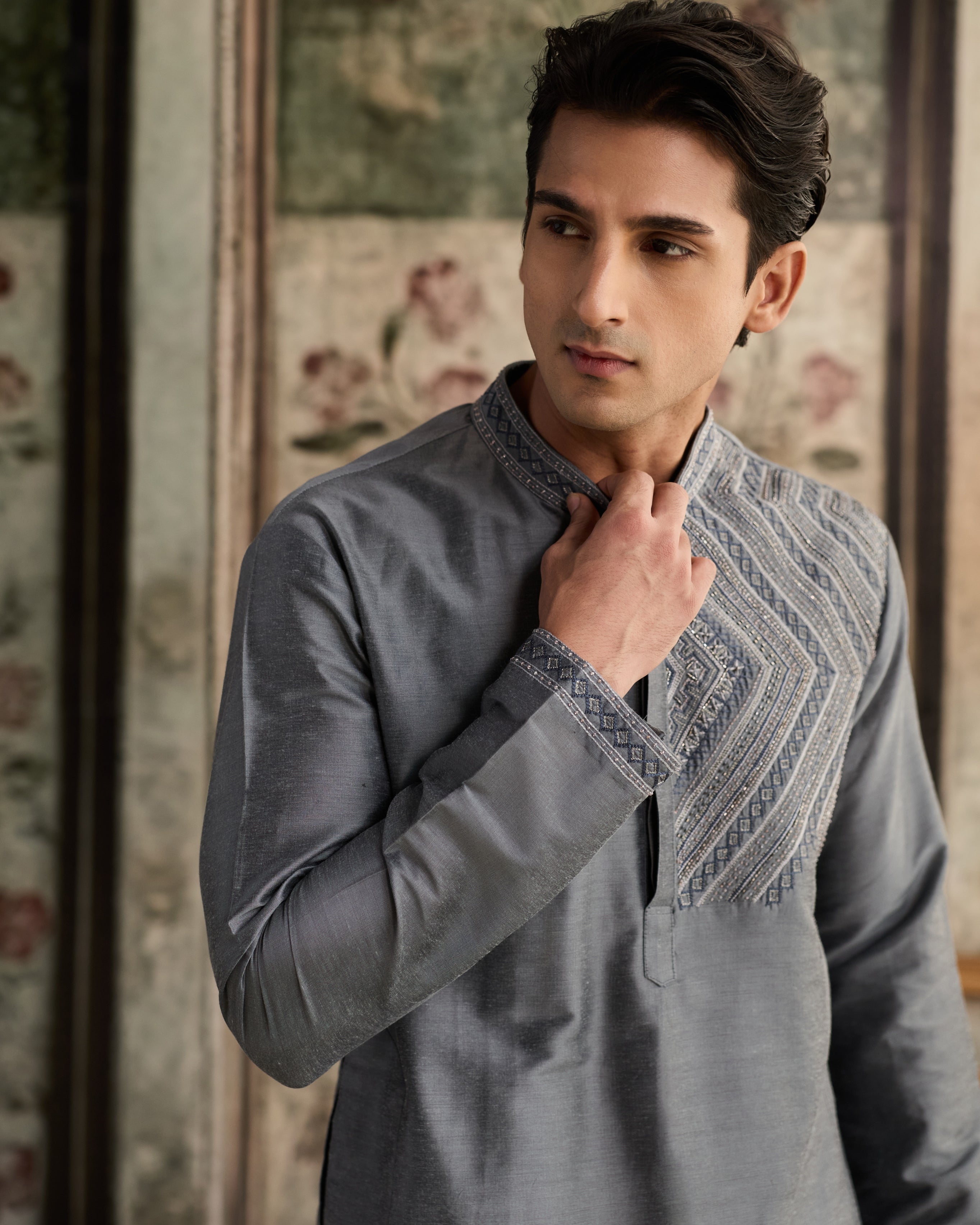 Grey Embroidered Kurta & Pants Set