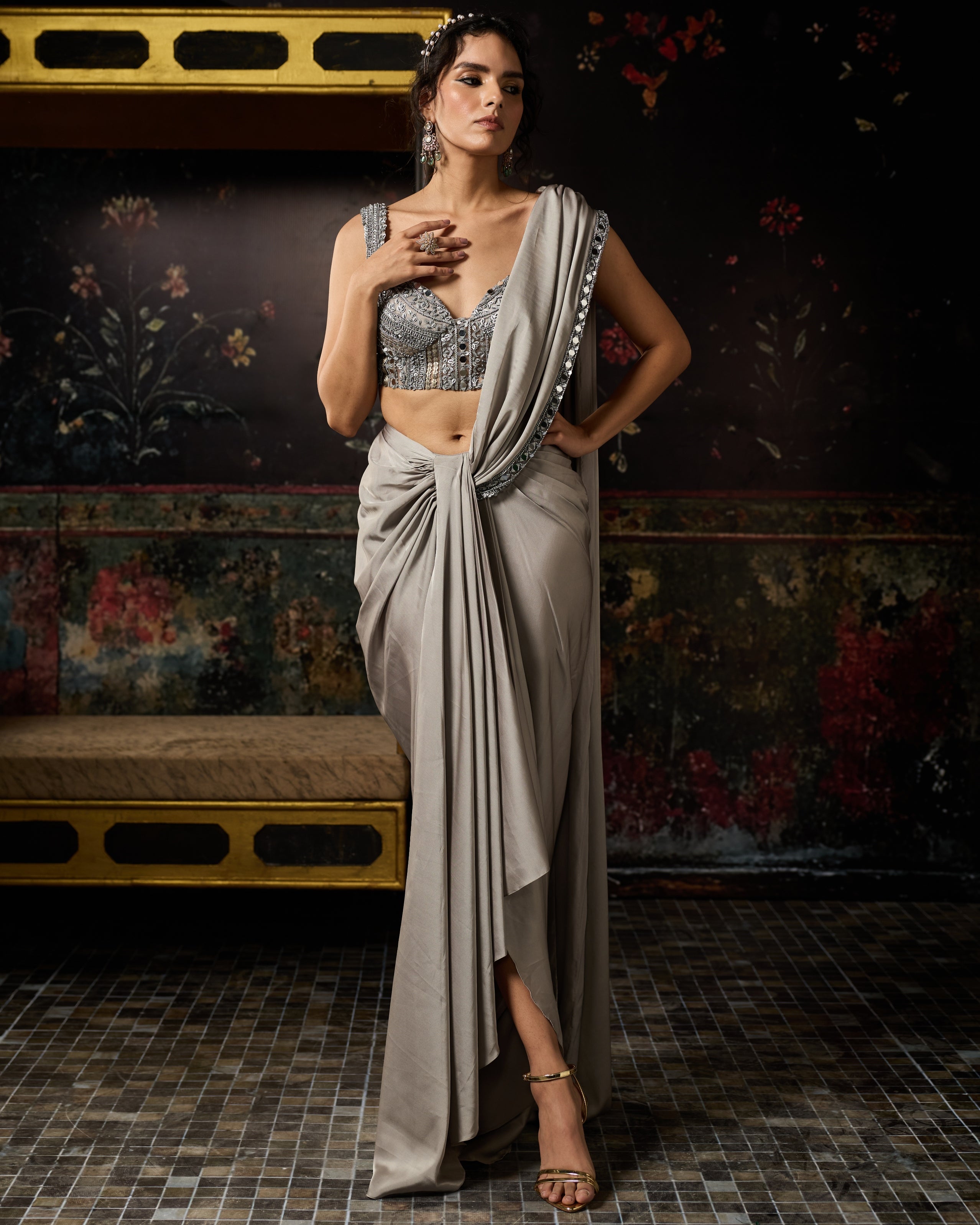 Grey Embellished Draped Skirt Sari Set