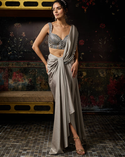 Grey Embellished Draped Skirt Sari Set