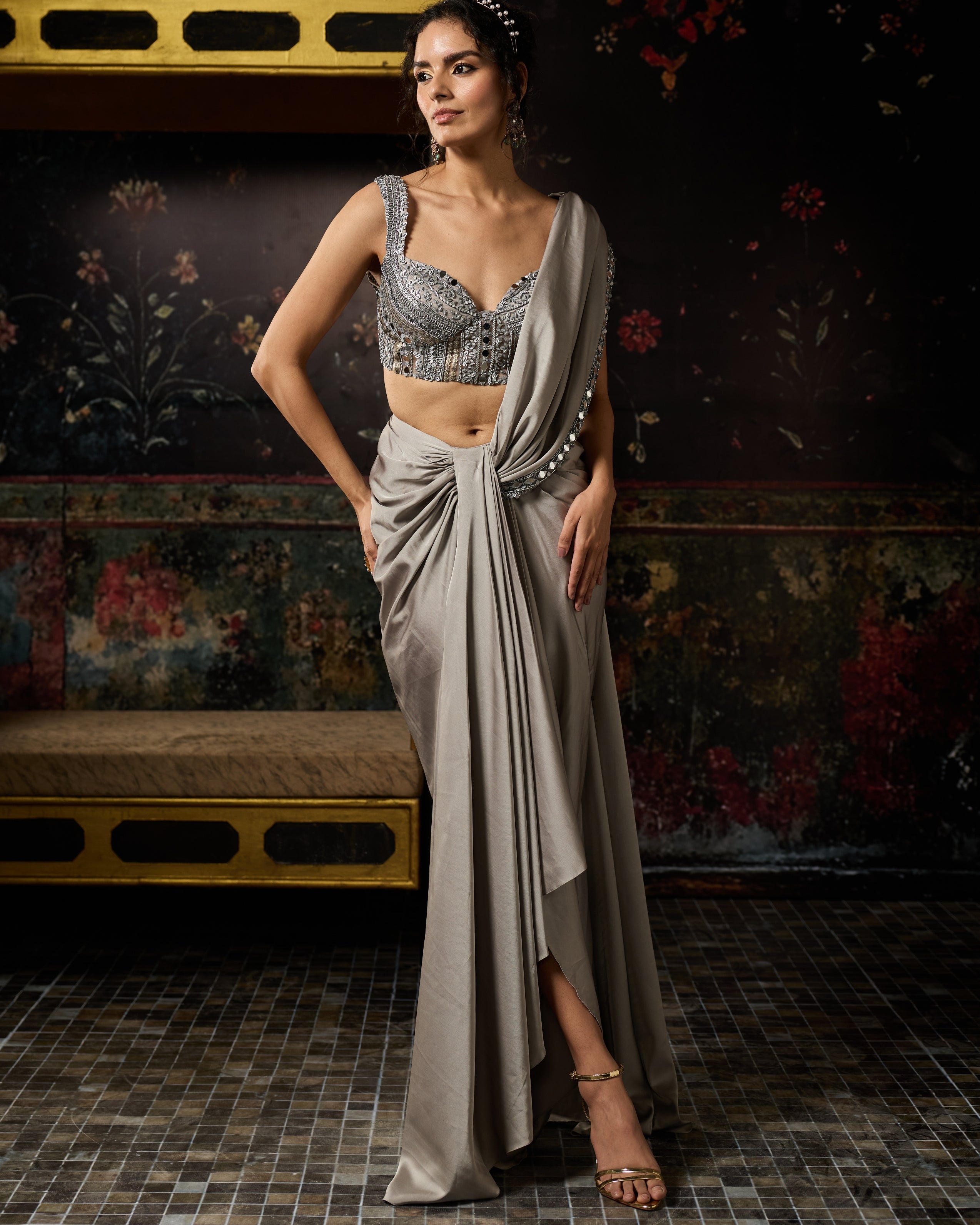Grey Embellished Draped Skirt Sari Set