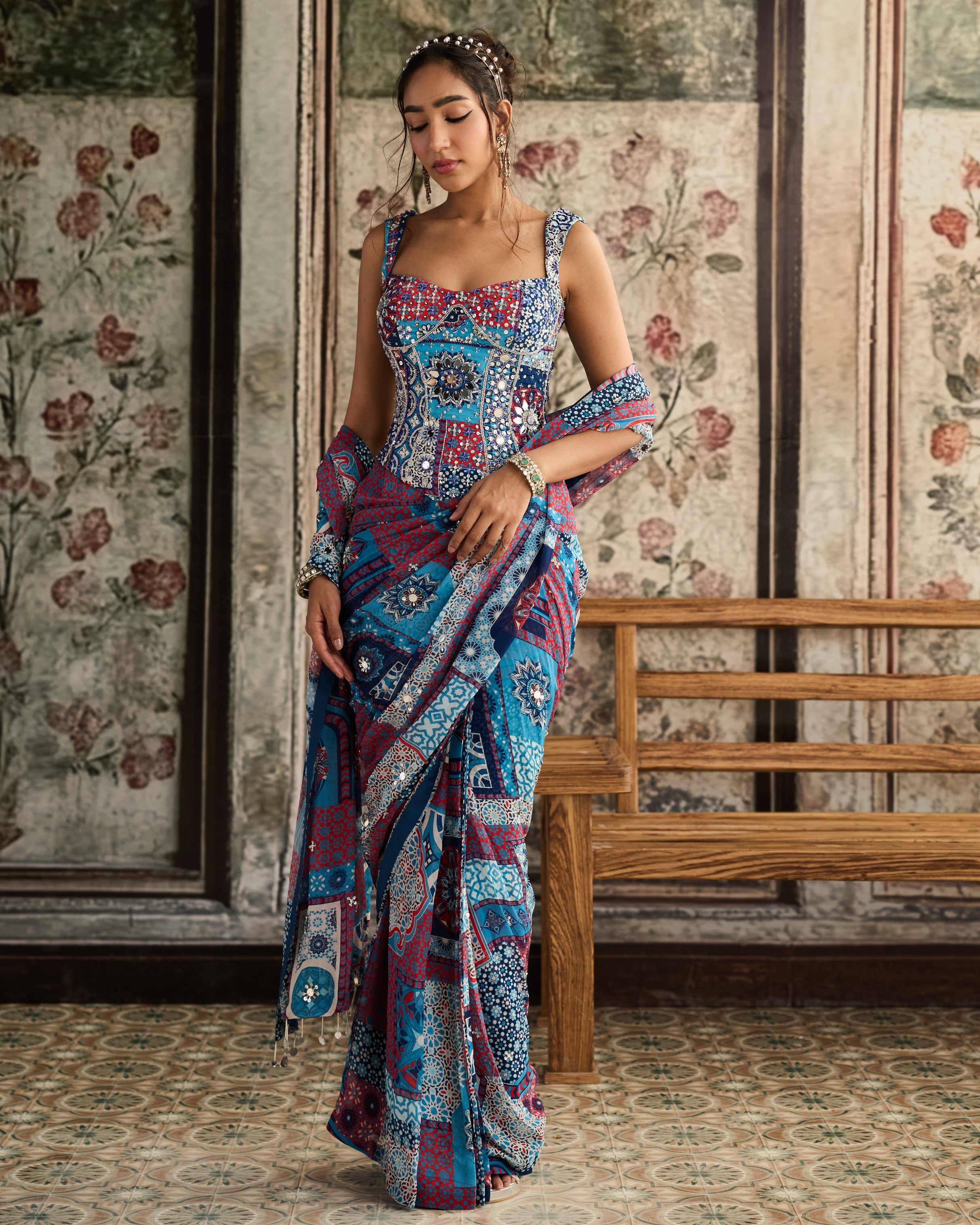 Teal Print Pre-Draped Classic Sari and Corset Set