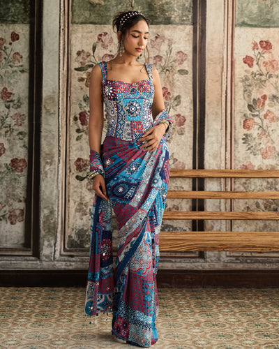 Teal Print Pre-Draped Classic Sari and Corset Set