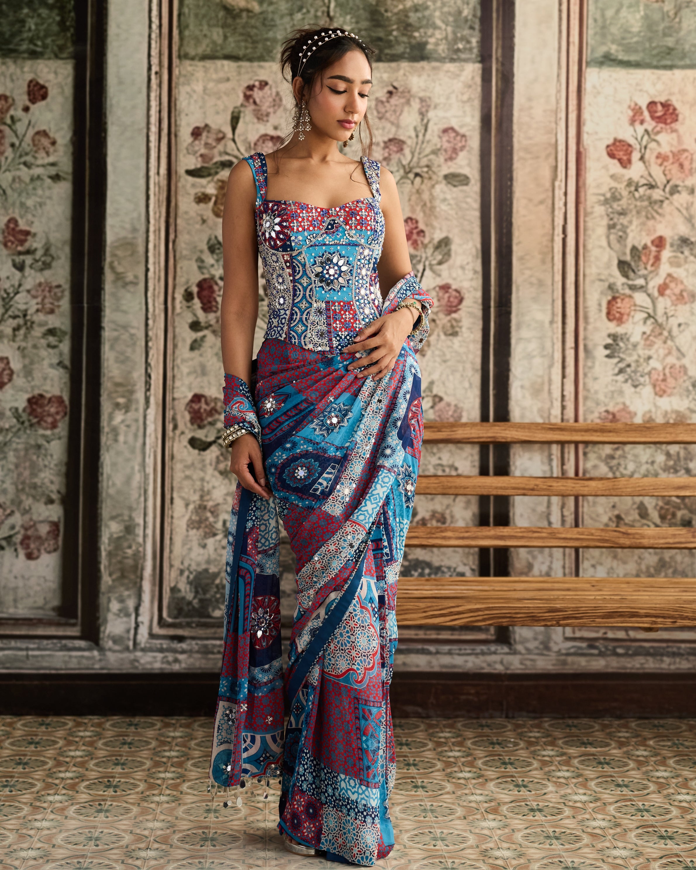 Teal Print Pre-Draped Classic Sari and Corset Set
