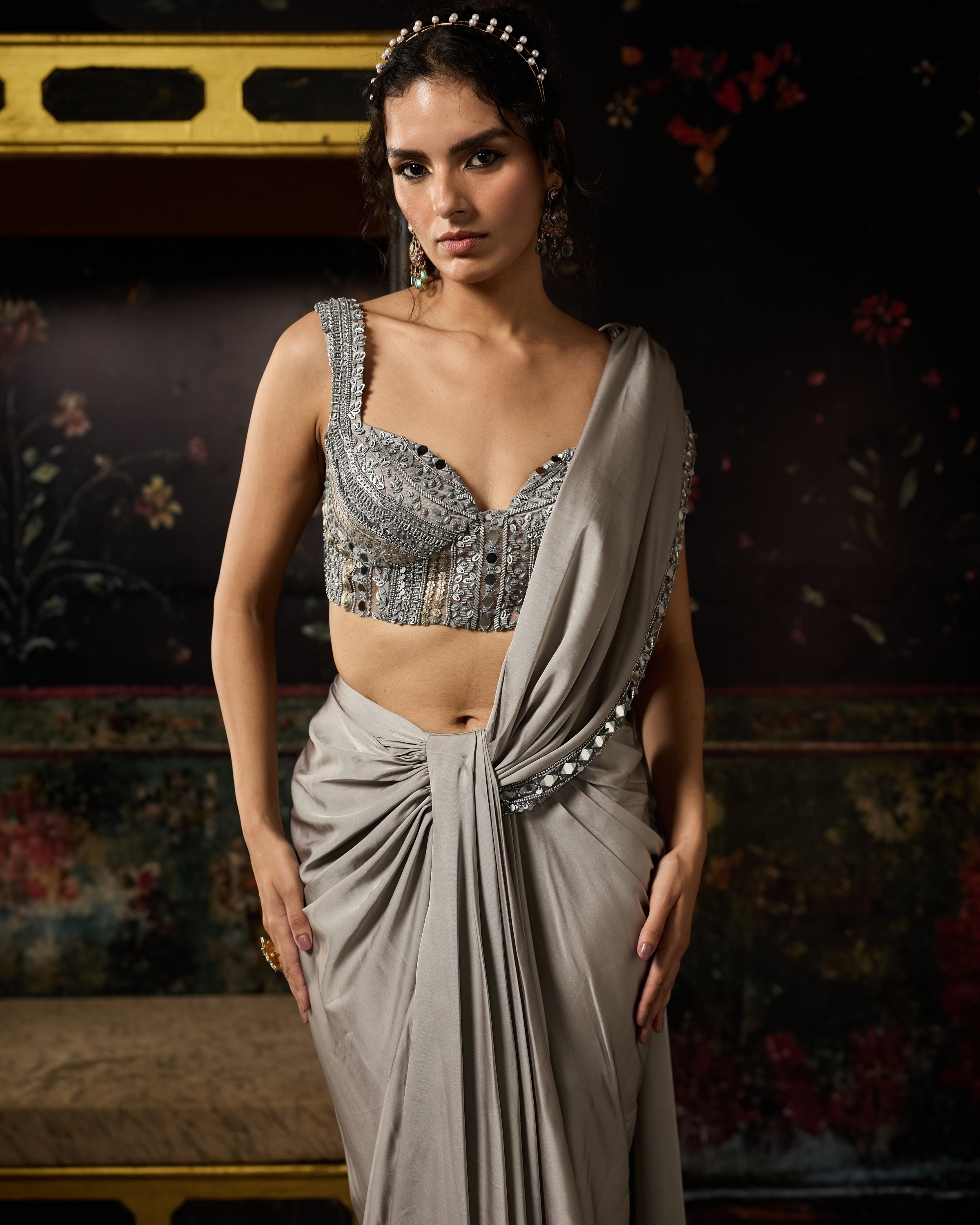 Grey Embellished Draped Skirt Sari Set