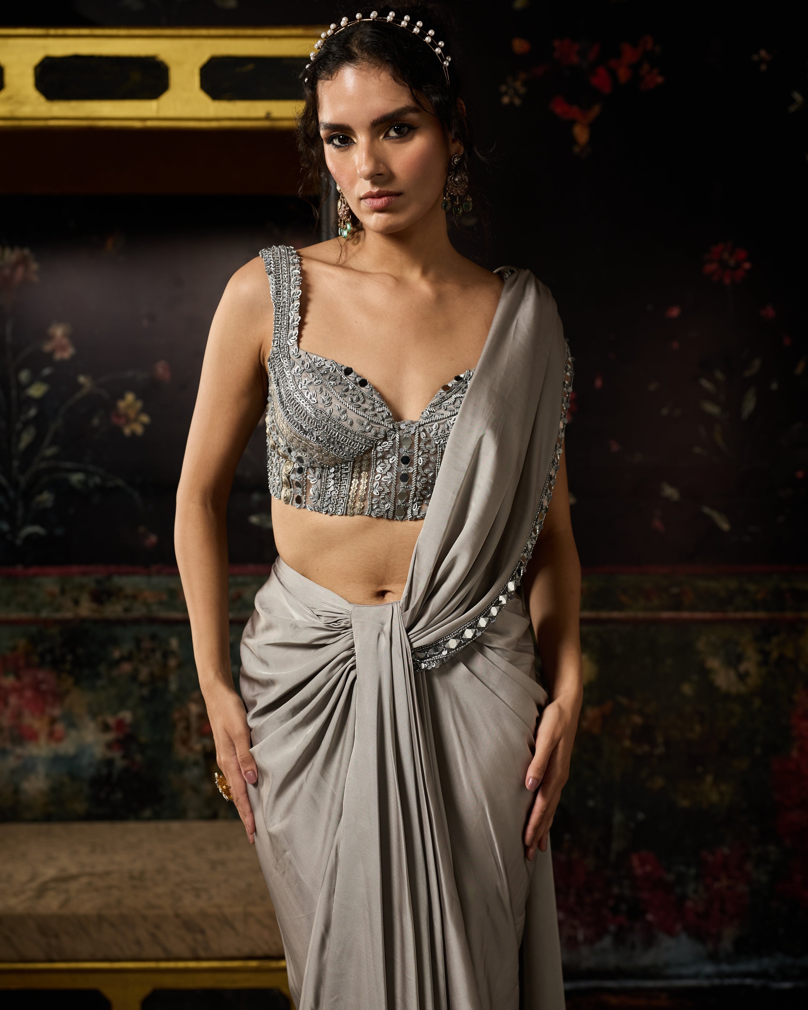 Grey Embellished Draped Skirt Sari Set