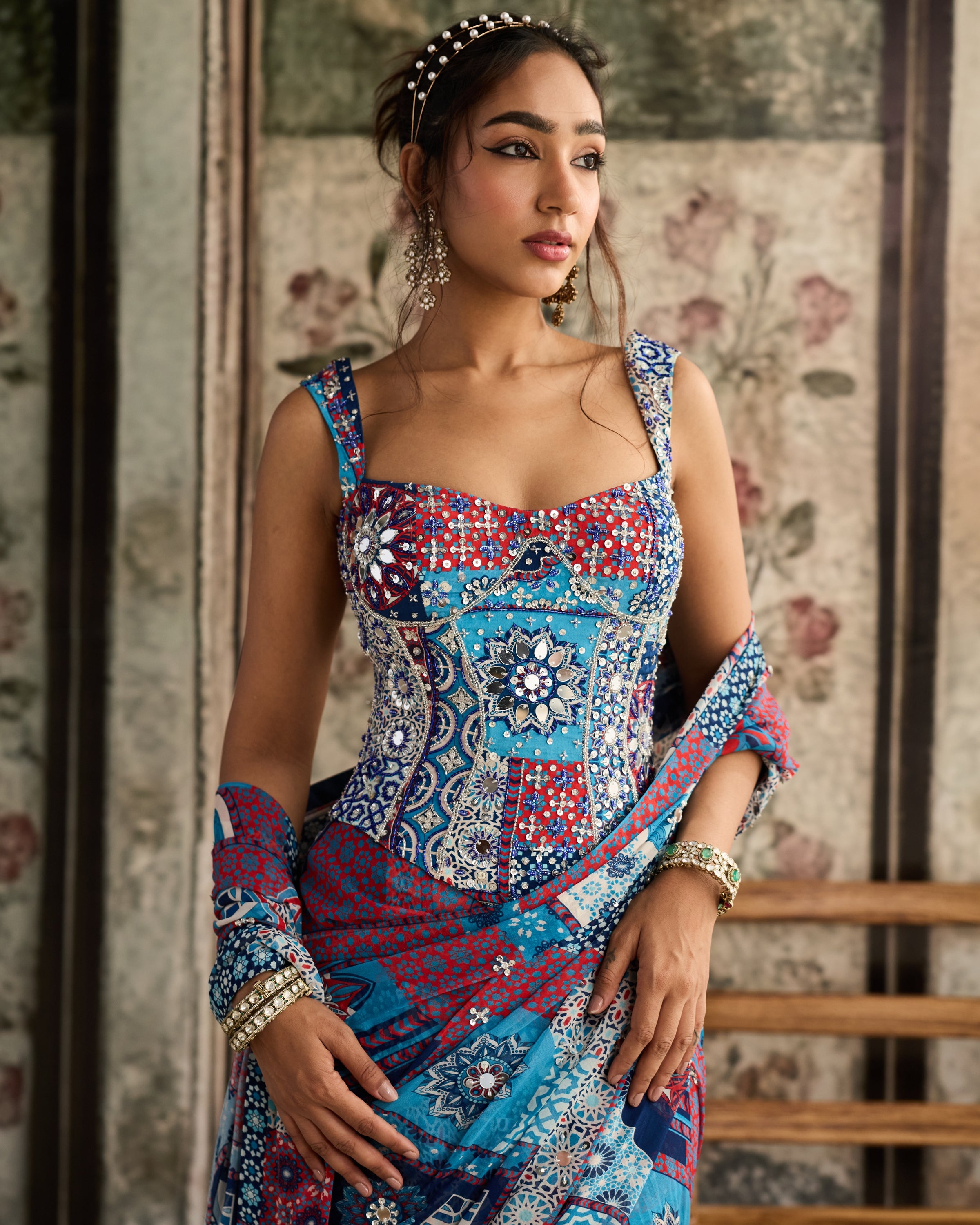 Teal Print Pre-Draped Classic Sari and Corset Set