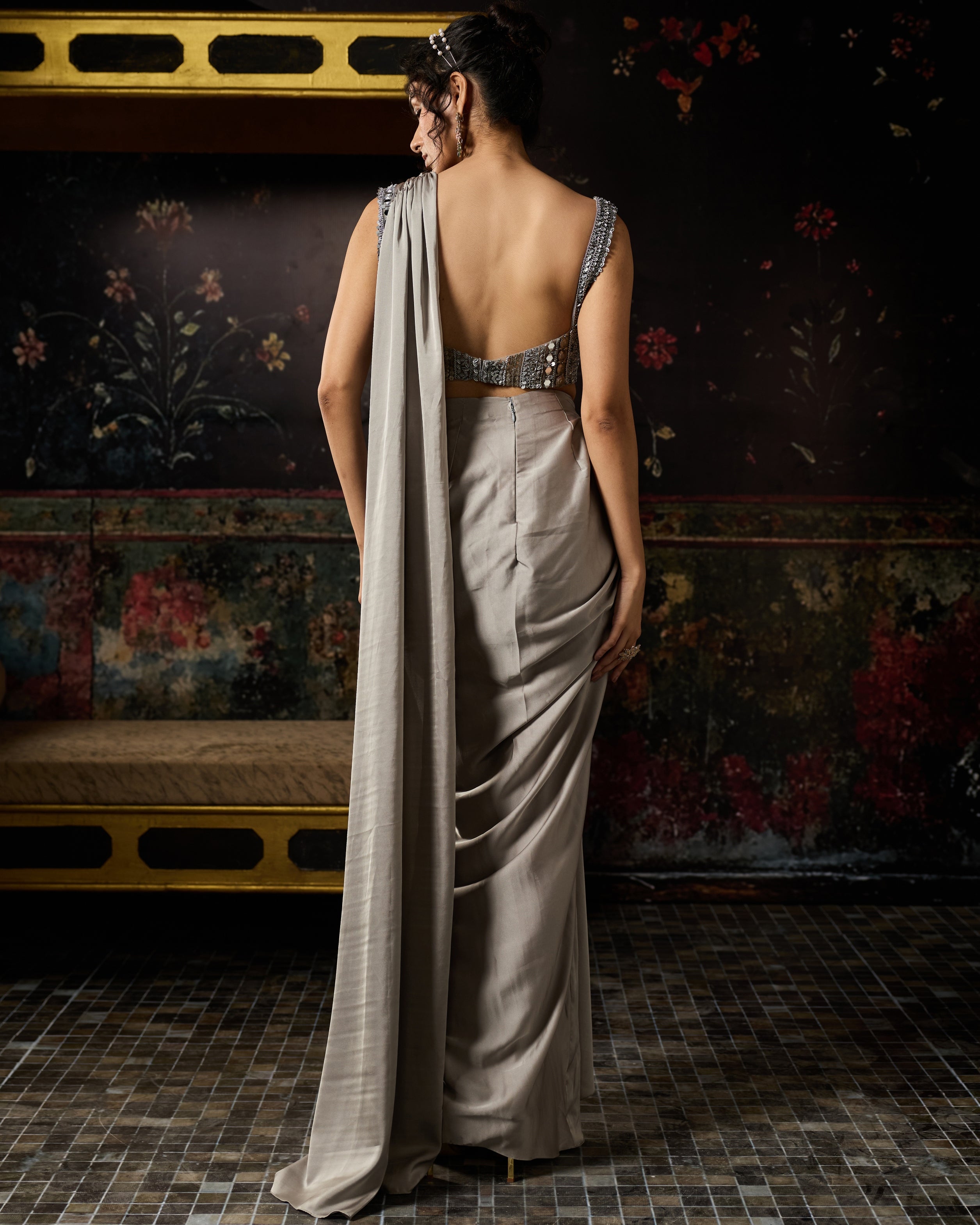 Grey Embellished Draped Skirt Sari Set