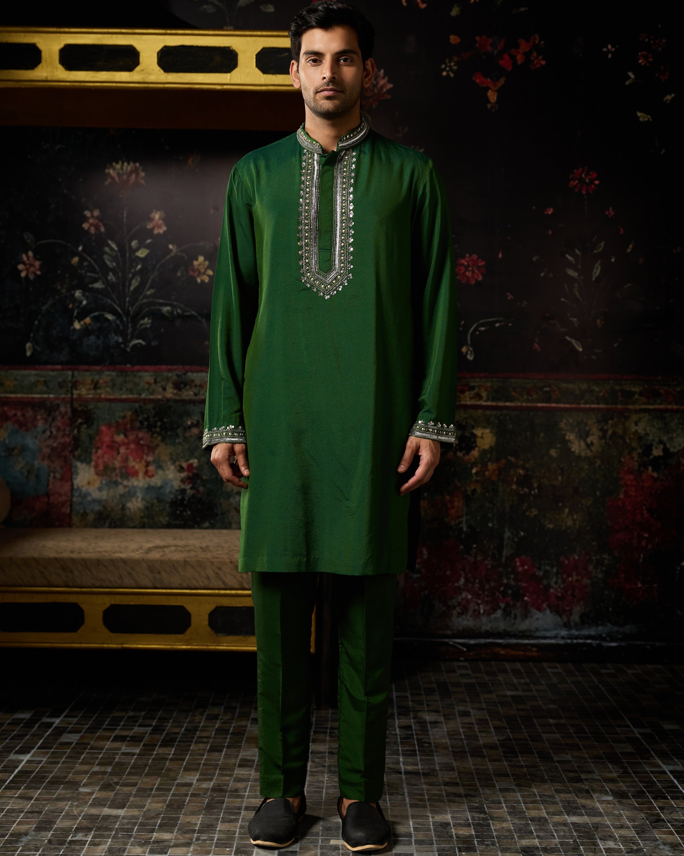 Green With Gunmetal Embroidered Kurta & Pants Set