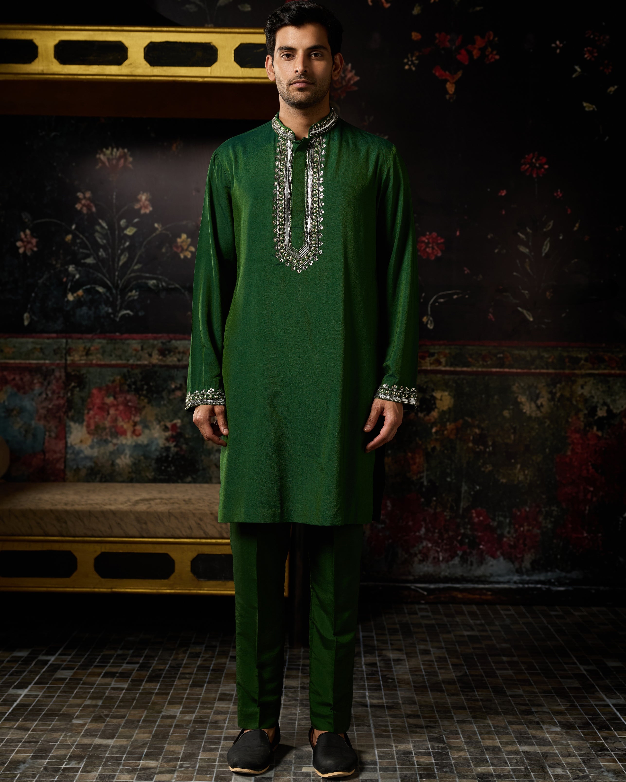 Green With Gunmetal Embroidered Kurta & Pants Set