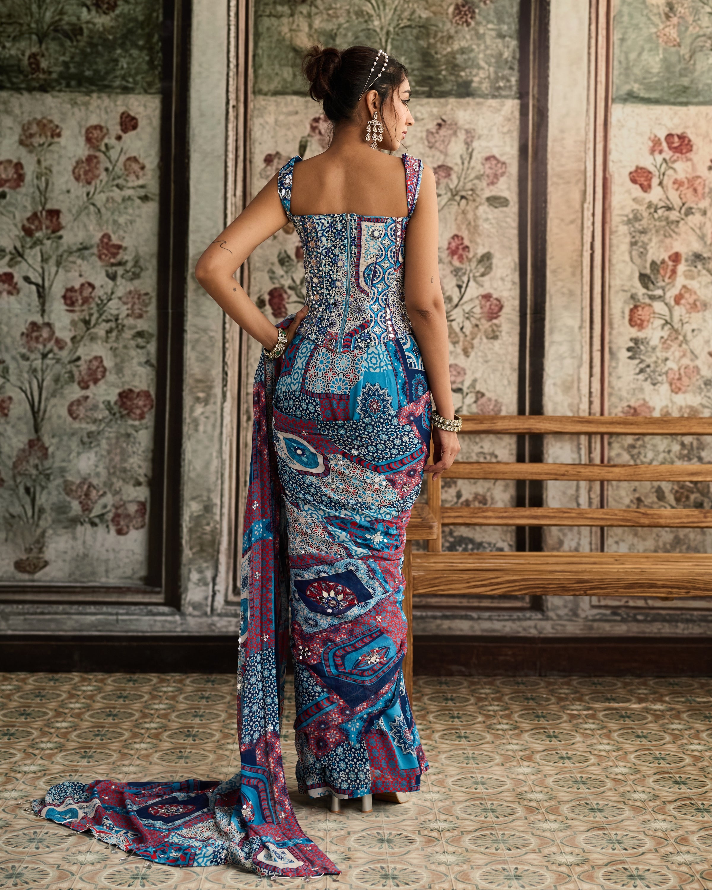 Teal Print Pre-Draped Classic Sari and Corset Set