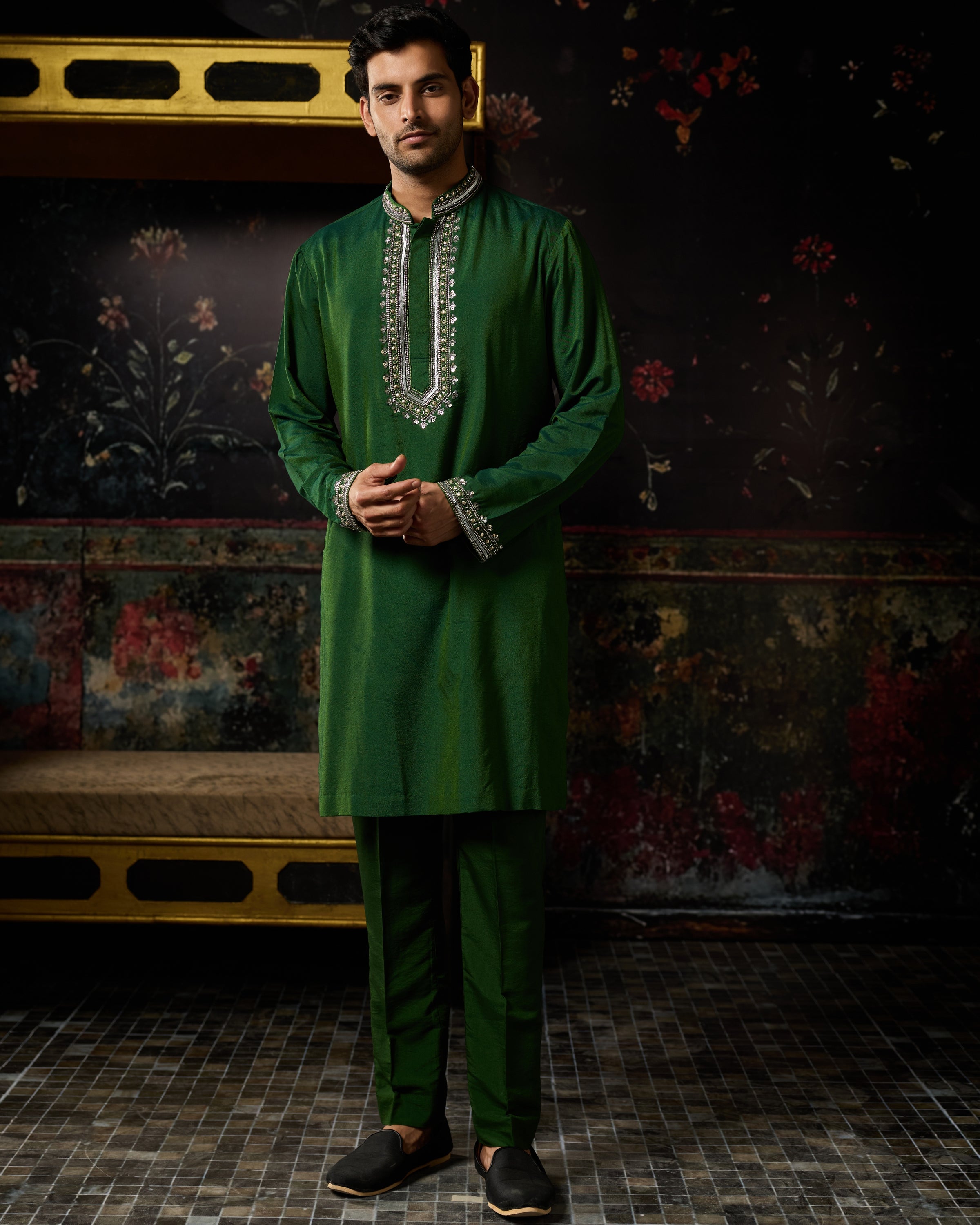 Green With Gunmetal Embroidered Kurta & Pants Set