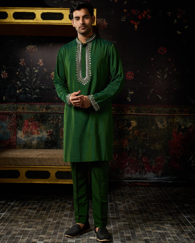 Green With Gunmetal Embroidered Kurta & Pants Set