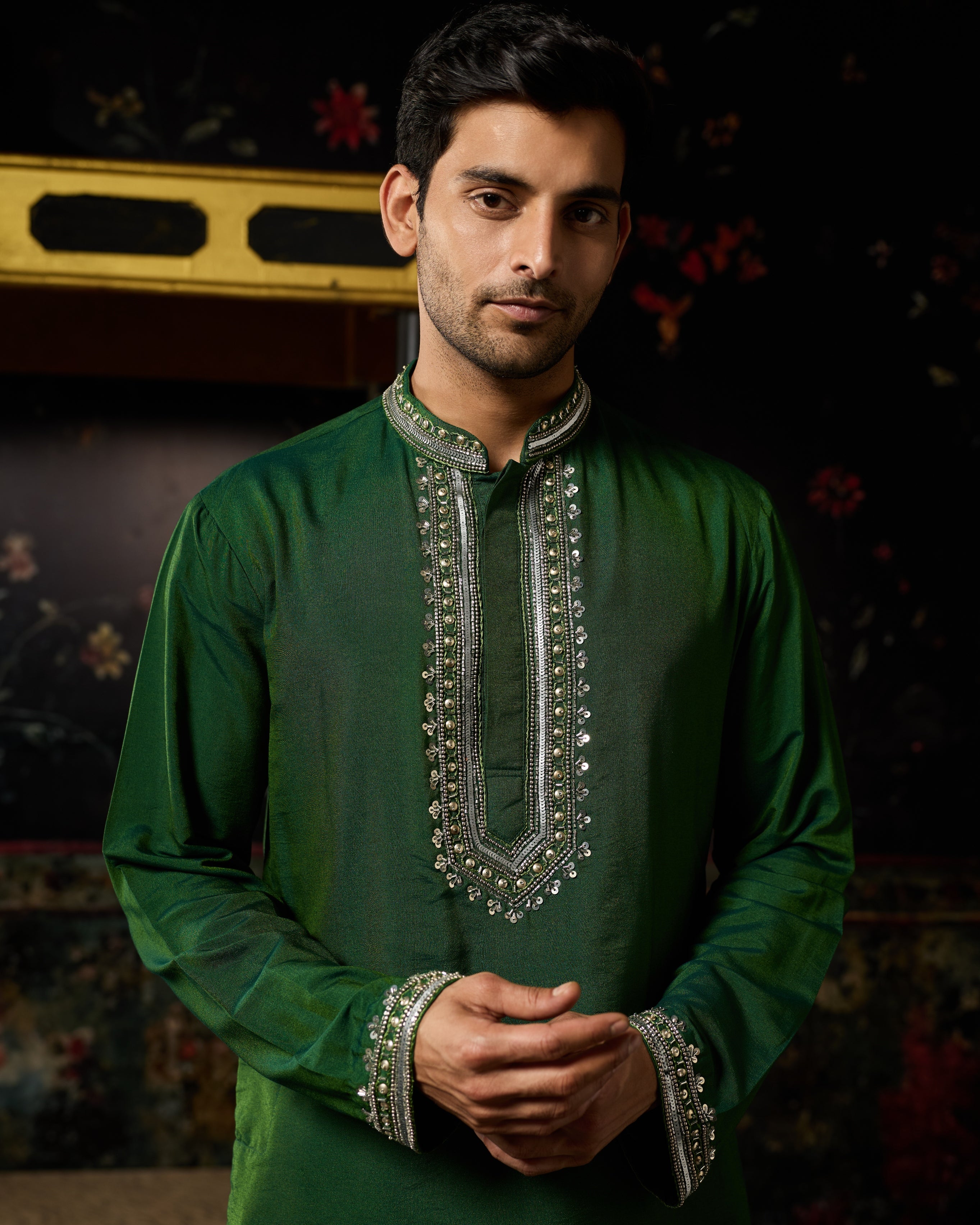 Green With Gunmetal Embroidered Kurta & Pants Set