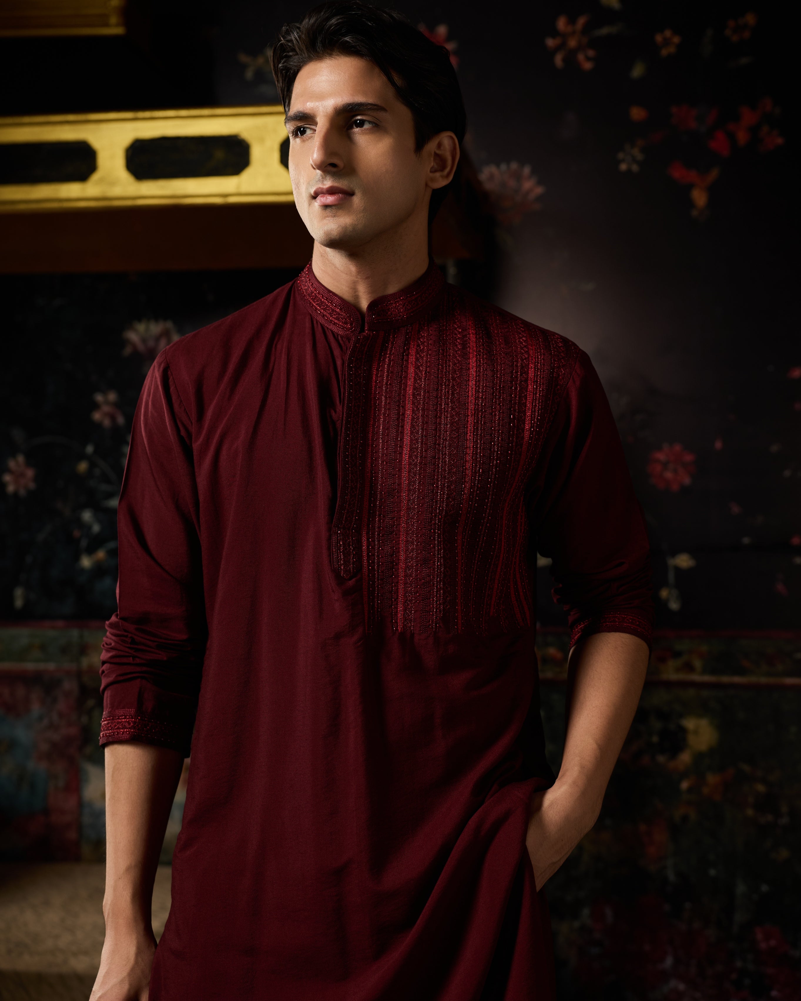 Maroon Embroidered Kurta & Pants Set