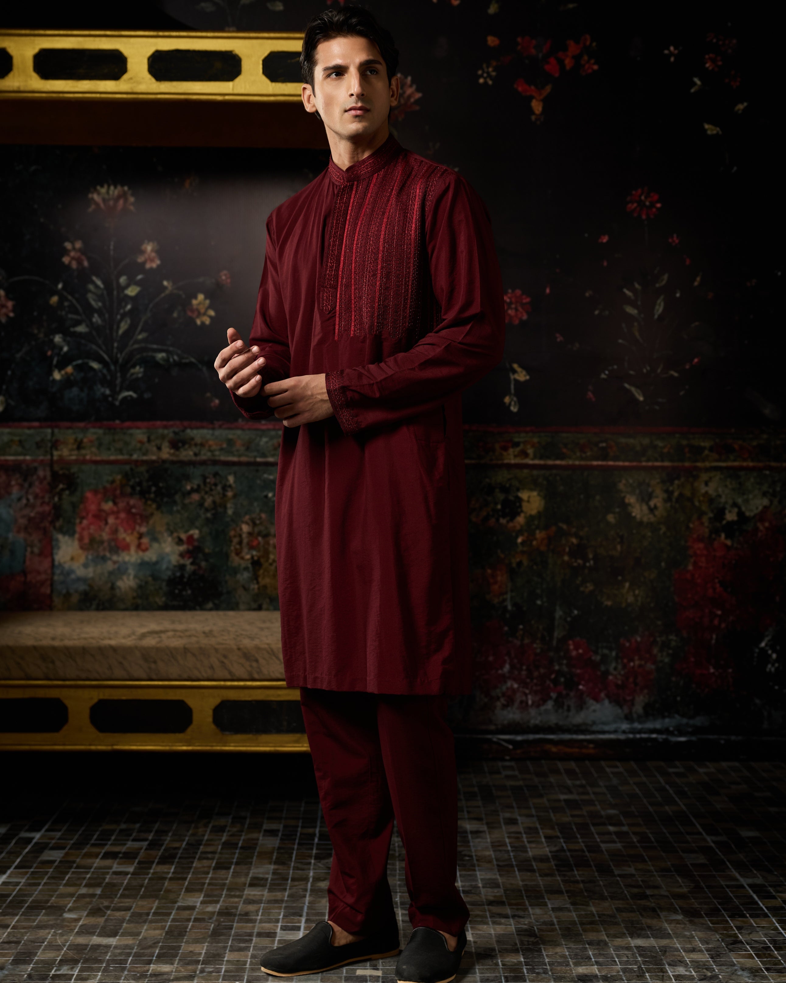 Maroon Embroidered Kurta & Pants Set