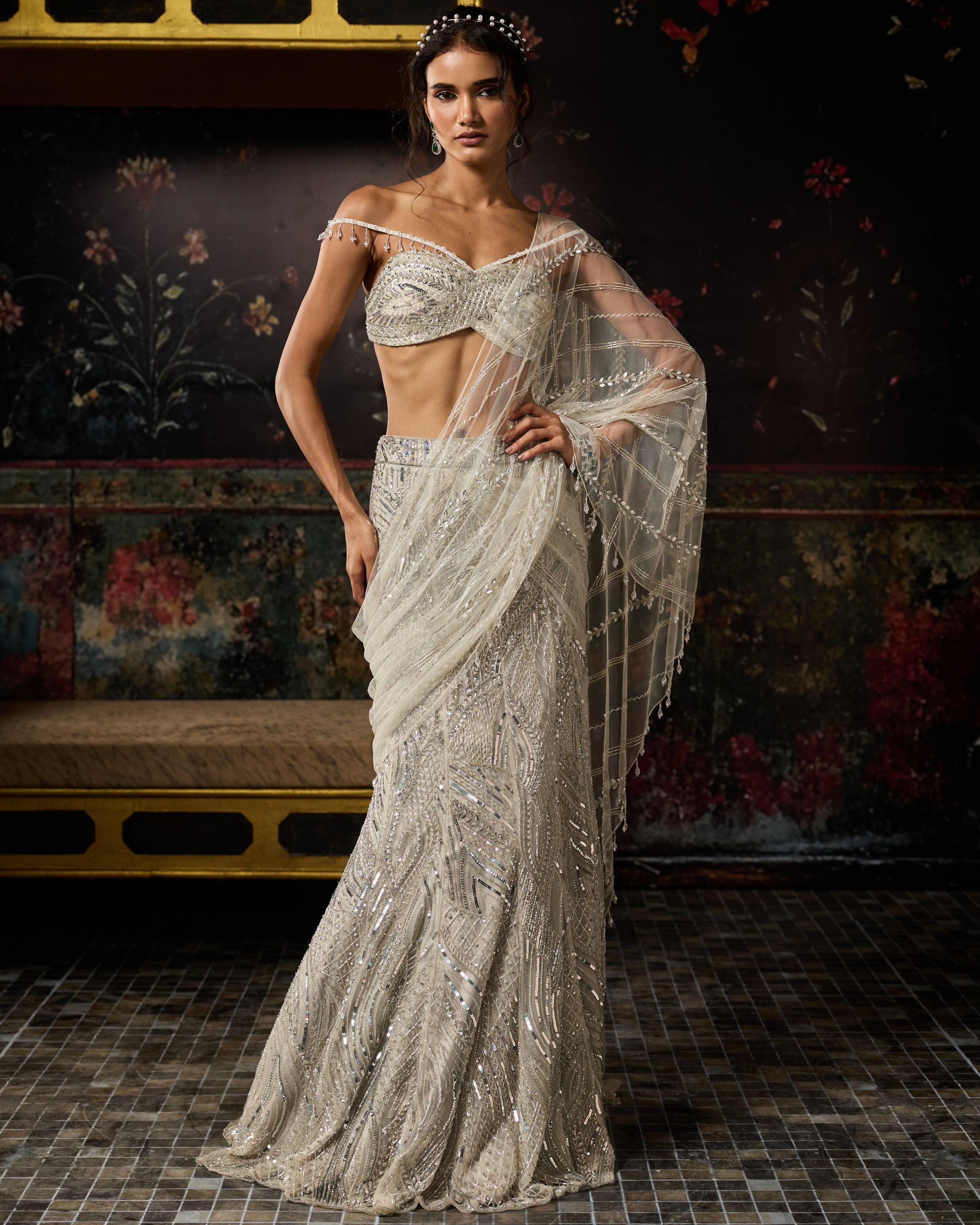 Silver Fully Embroidered Mermaid Skirt Sari Set