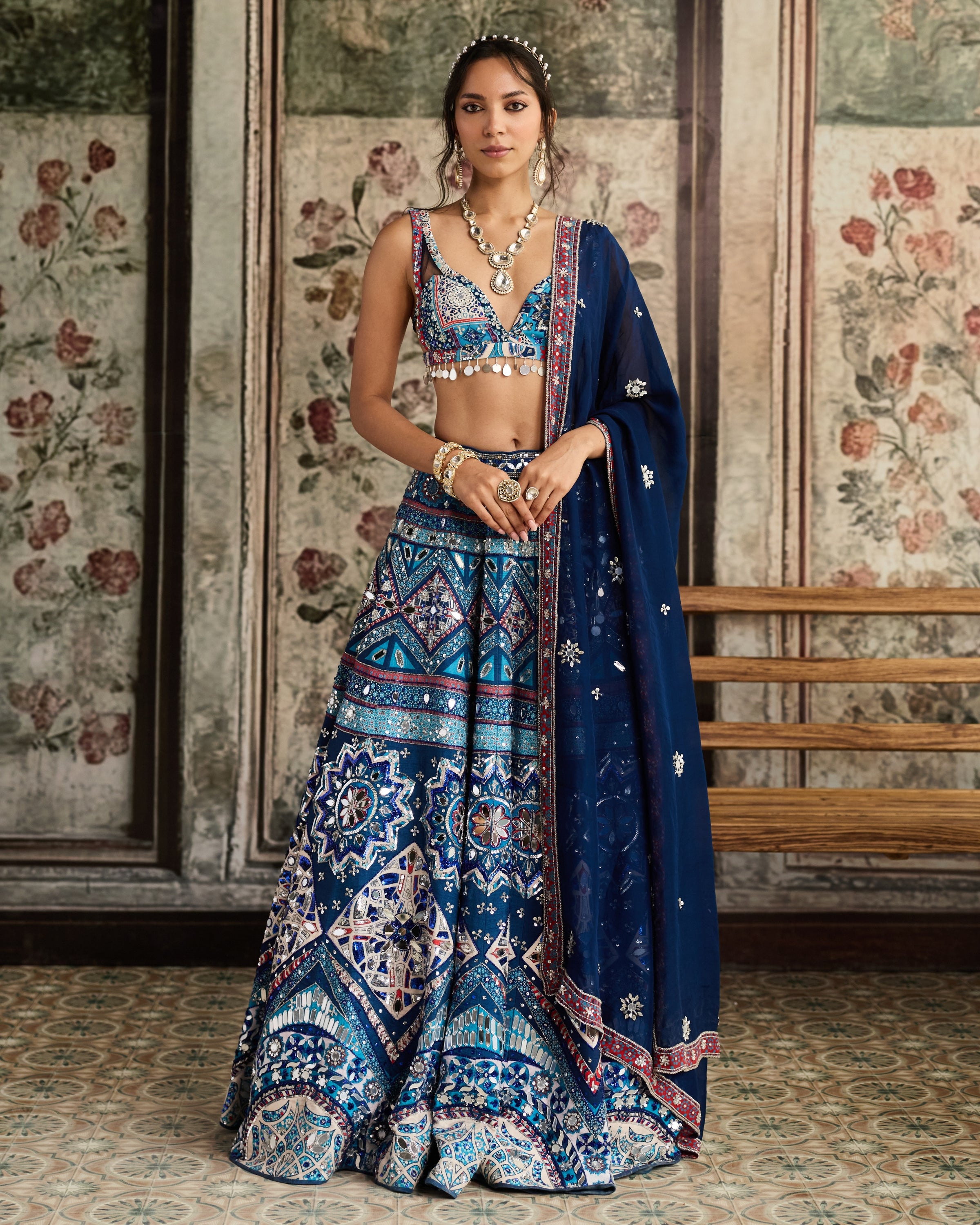 Teal Print And Highlighted Lehenga Set