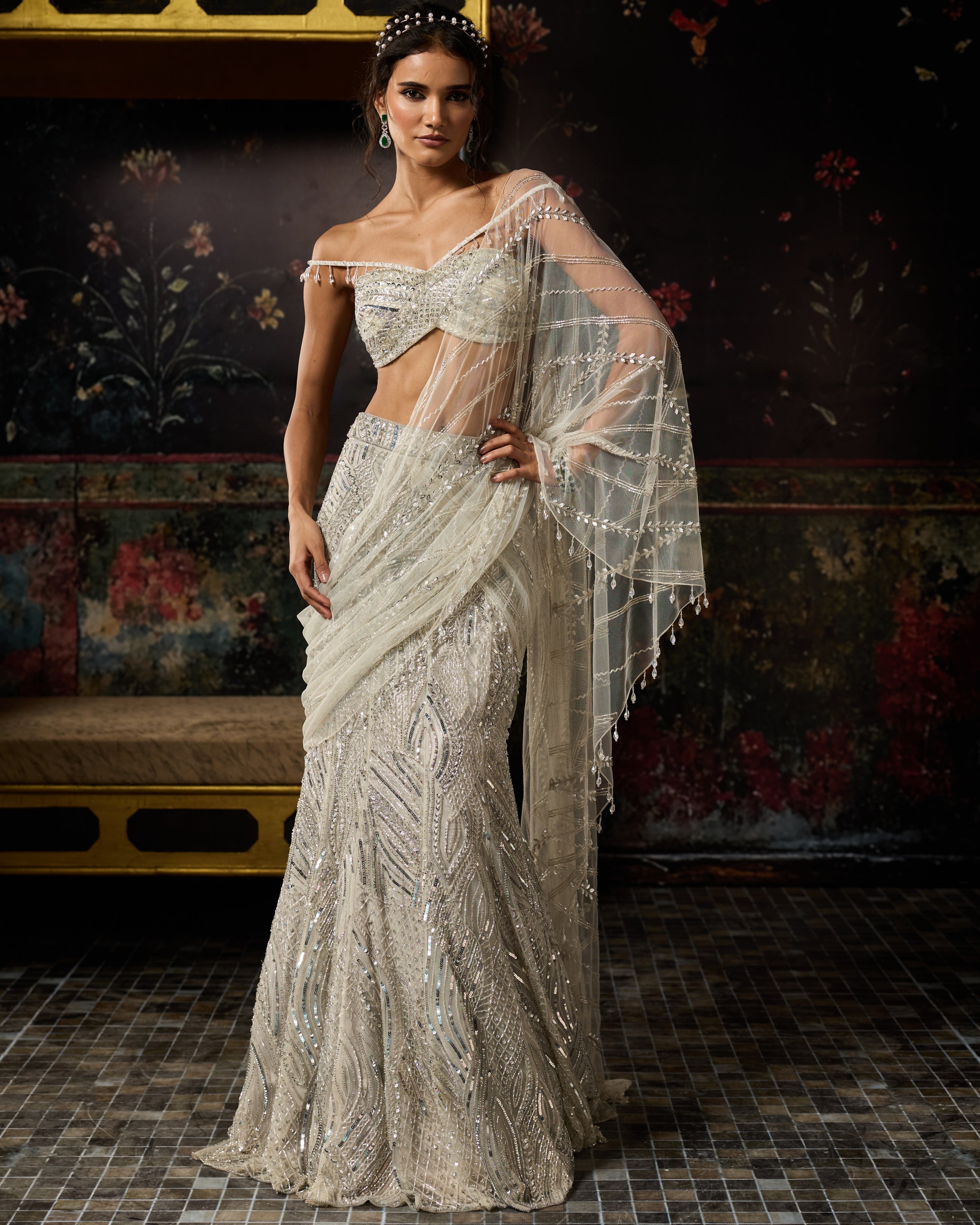 Silver Fully Embroidered Mermaid Skirt Sari Set