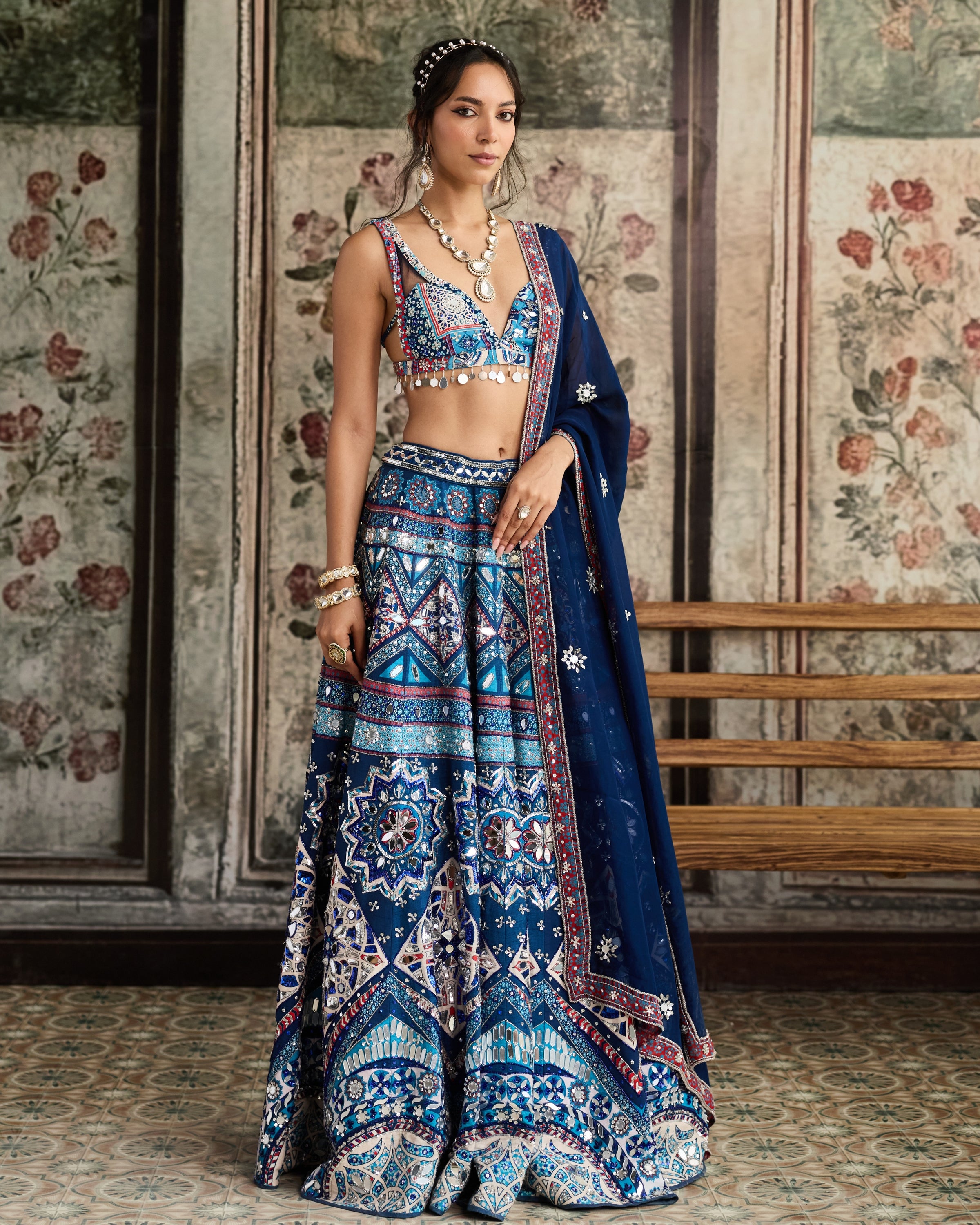 Teal Print And Highlighted Lehenga Set
