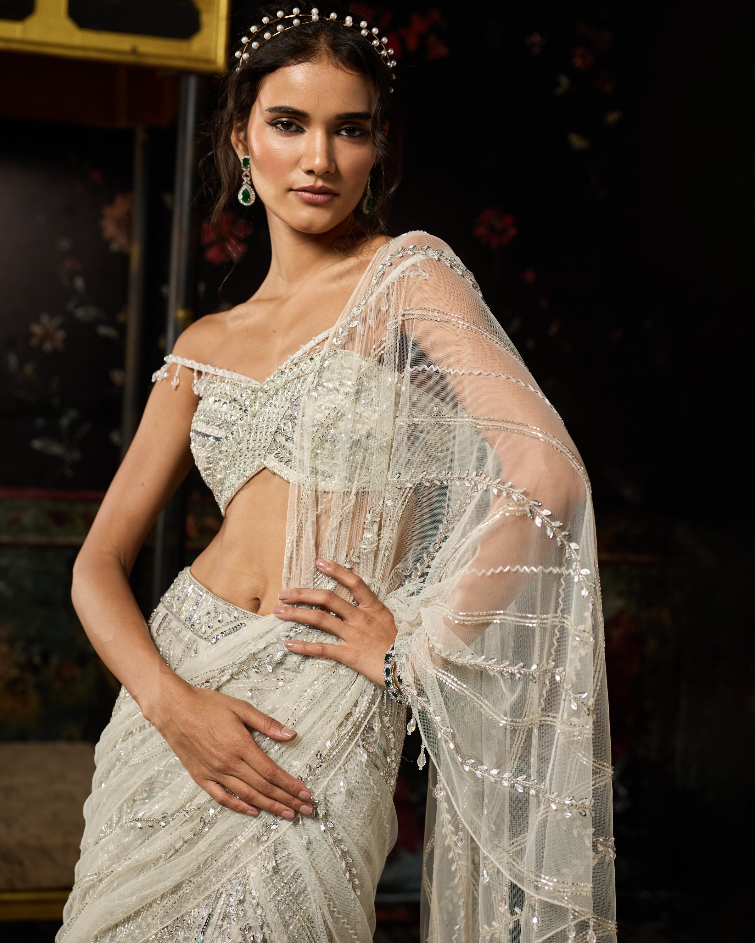 Silver Fully Embroidered Mermaid Skirt Sari Set