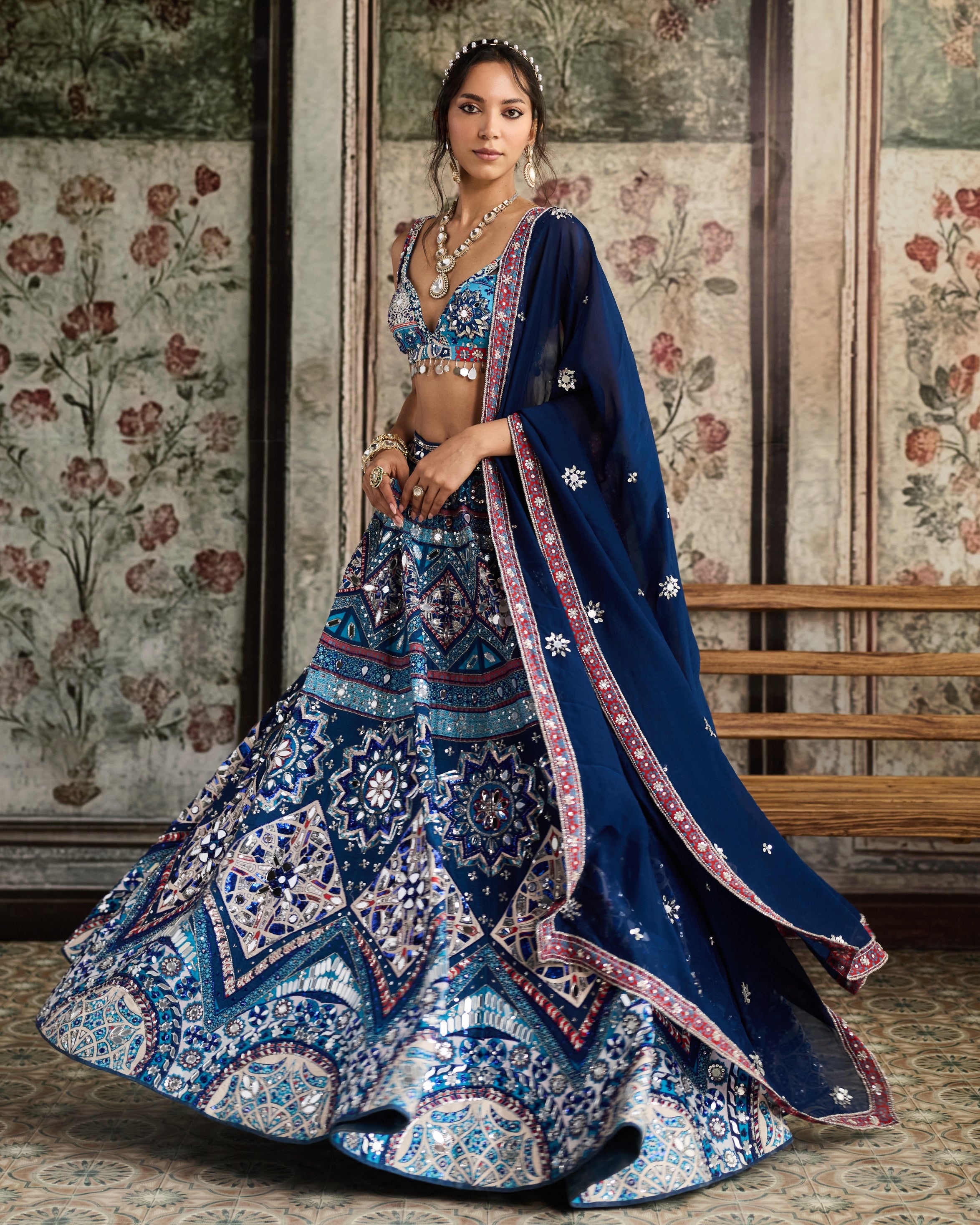 Teal Print And Highlighted Lehenga Set