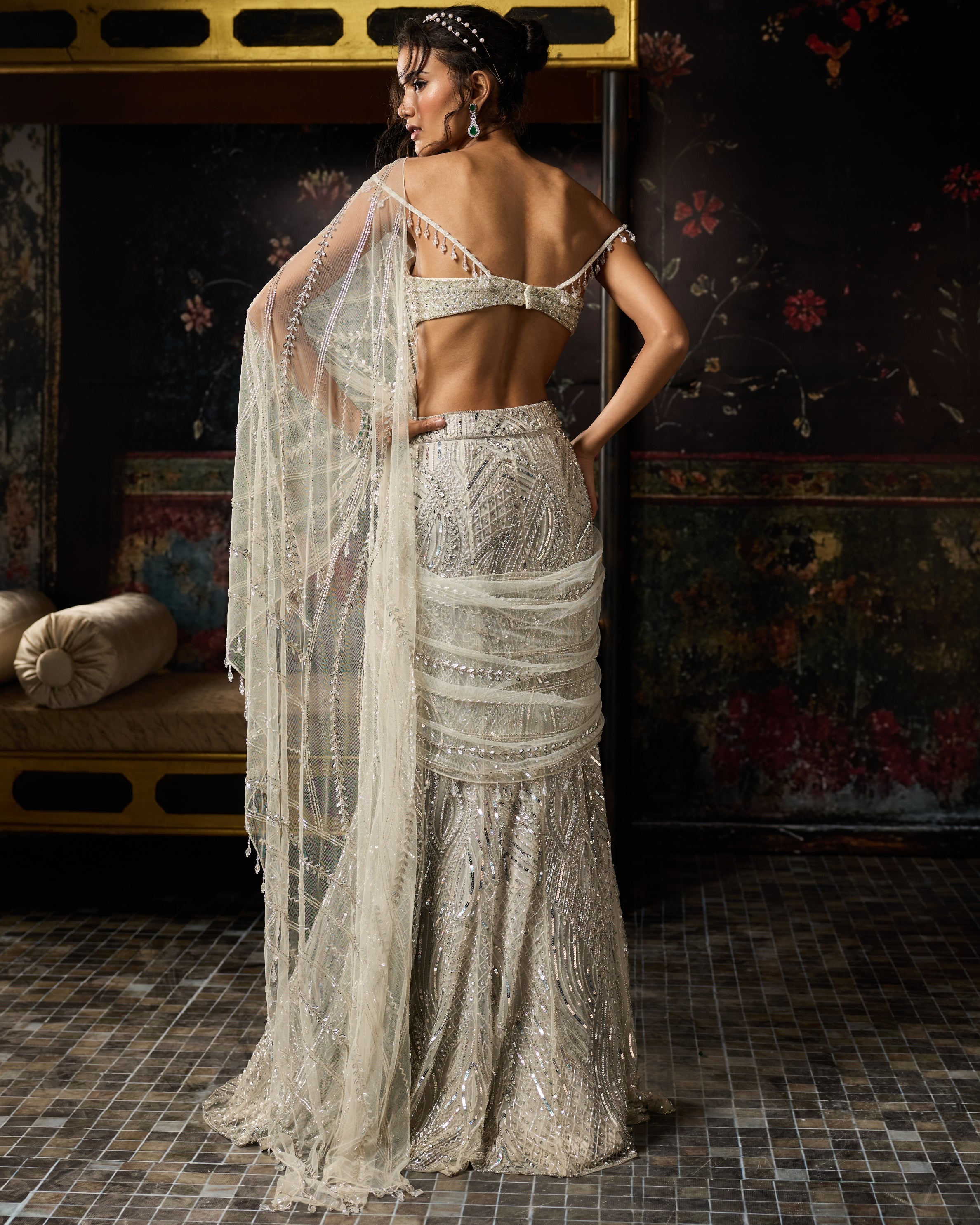 Silver Fully Embroidered Mermaid Skirt Sari Set
