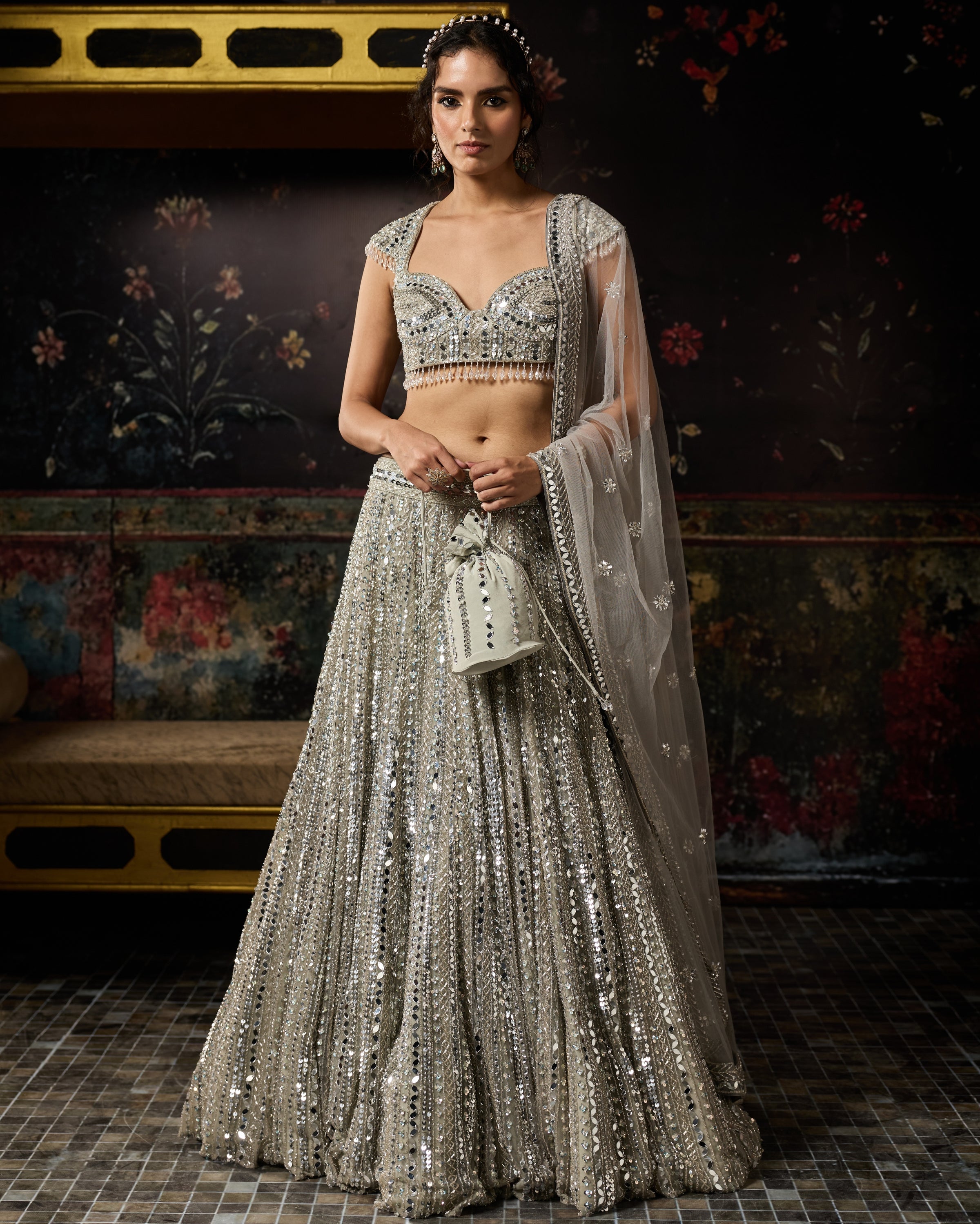 Silver Embellished Mirrorwork Lehenga Set
