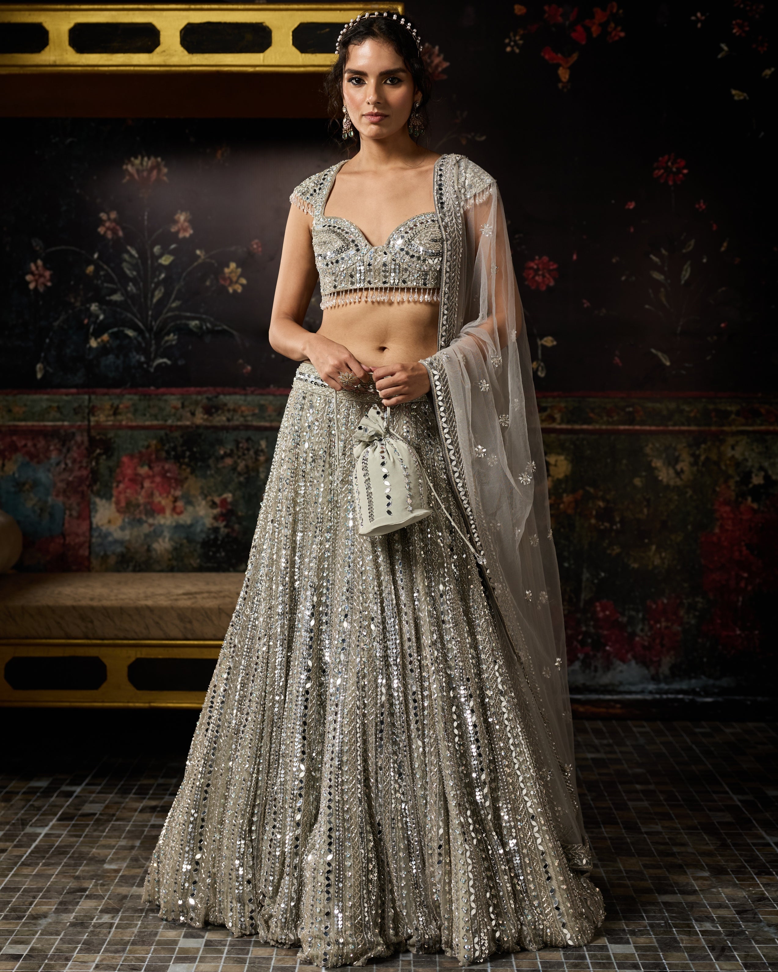 Silver Embellished Mirrorwork Lehenga Set