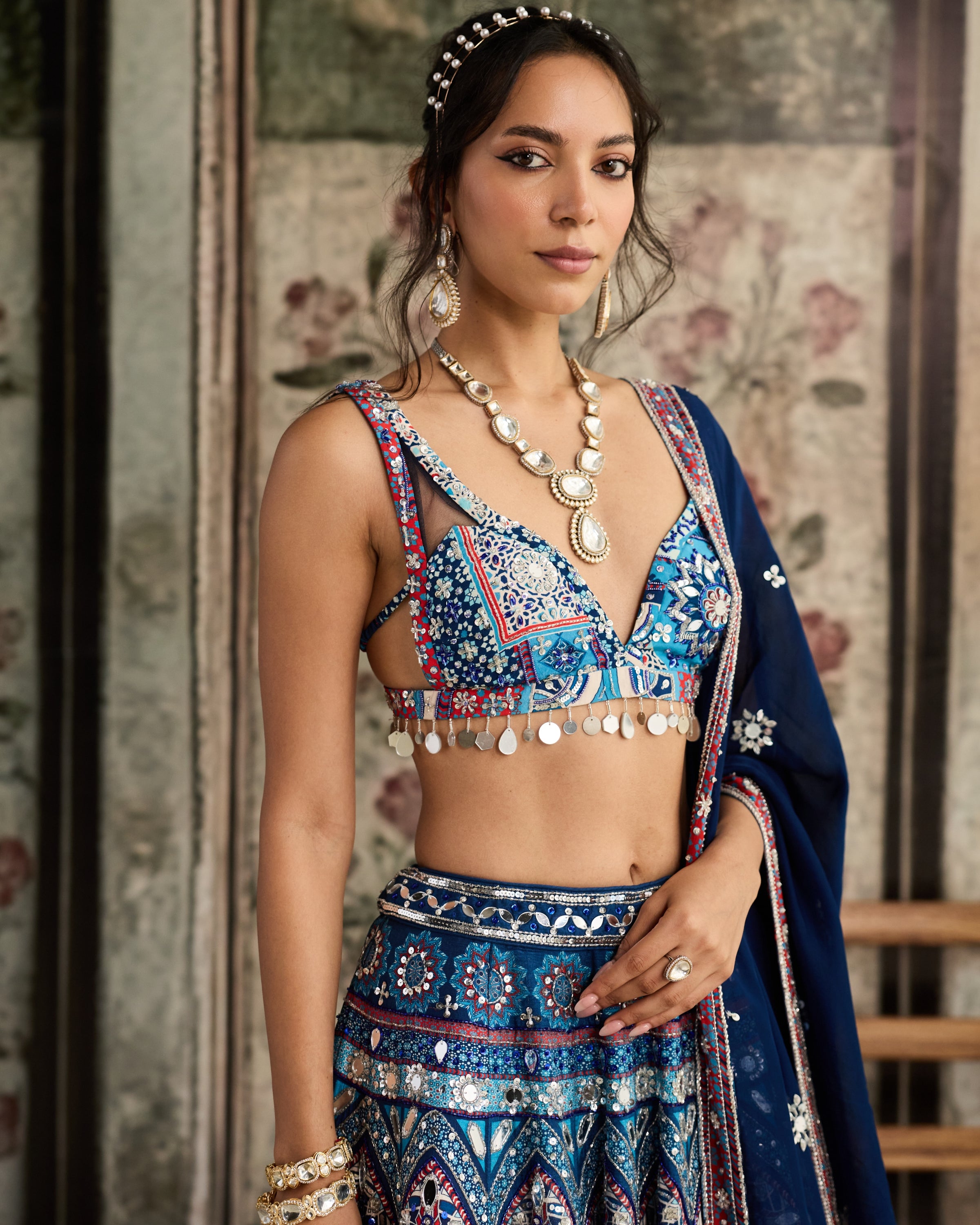 Teal Print And Highlighted Lehenga Set