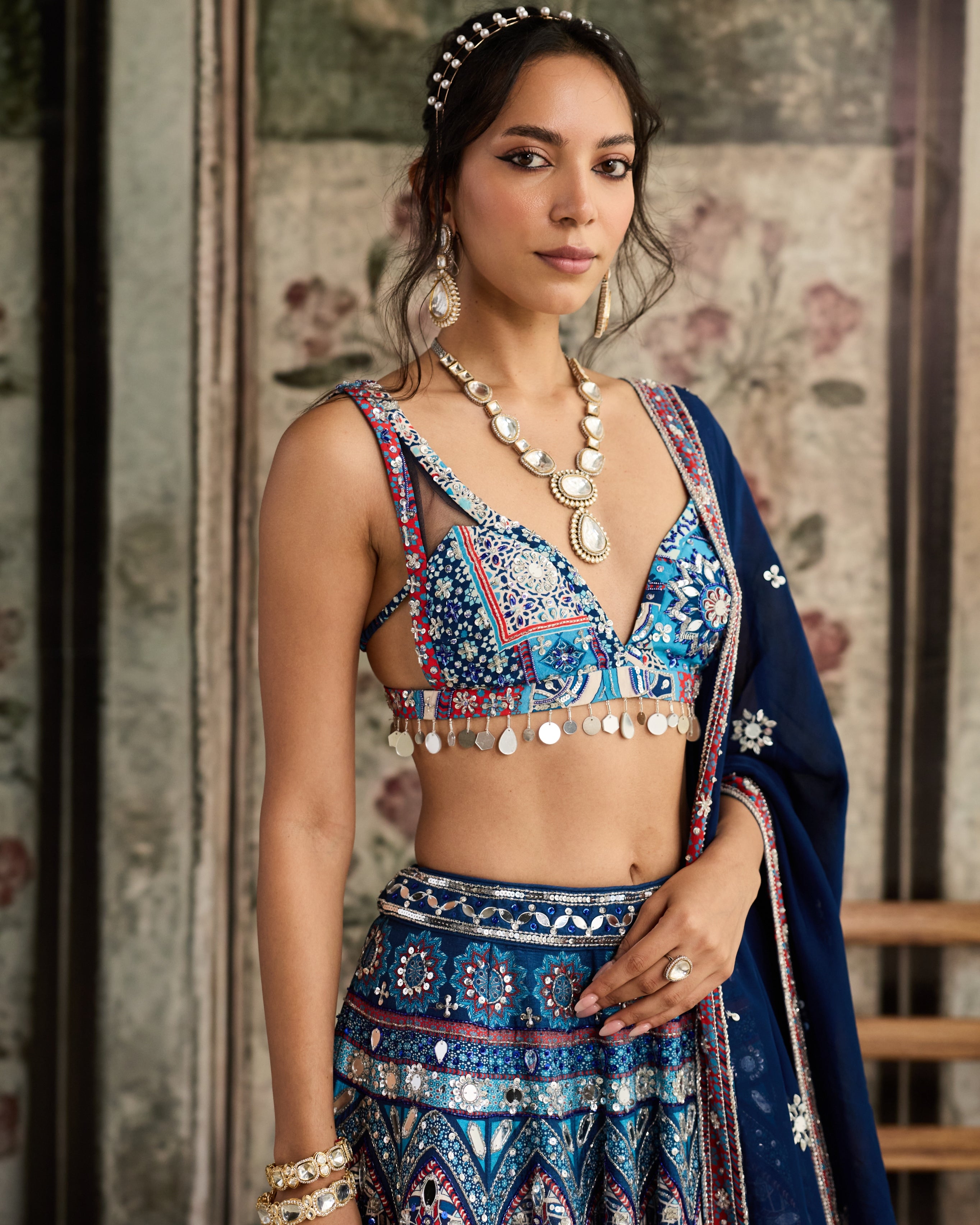 Teal Print And Highlighted Lehenga Set