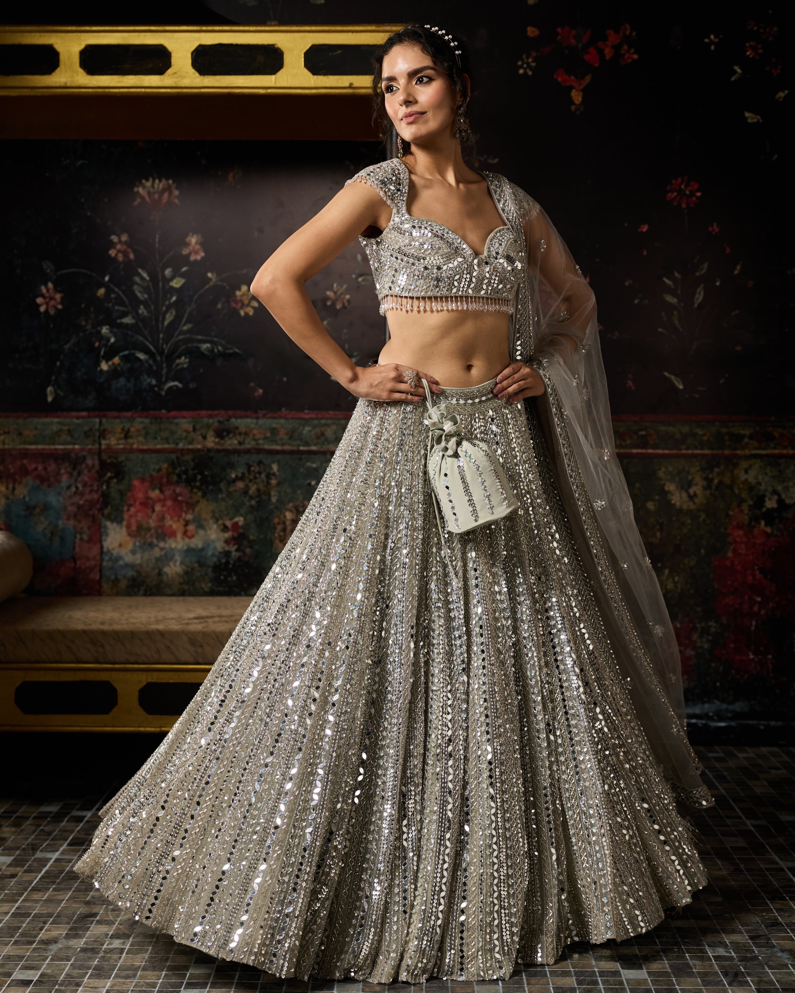 Silver Embellished Mirrorwork Lehenga Set