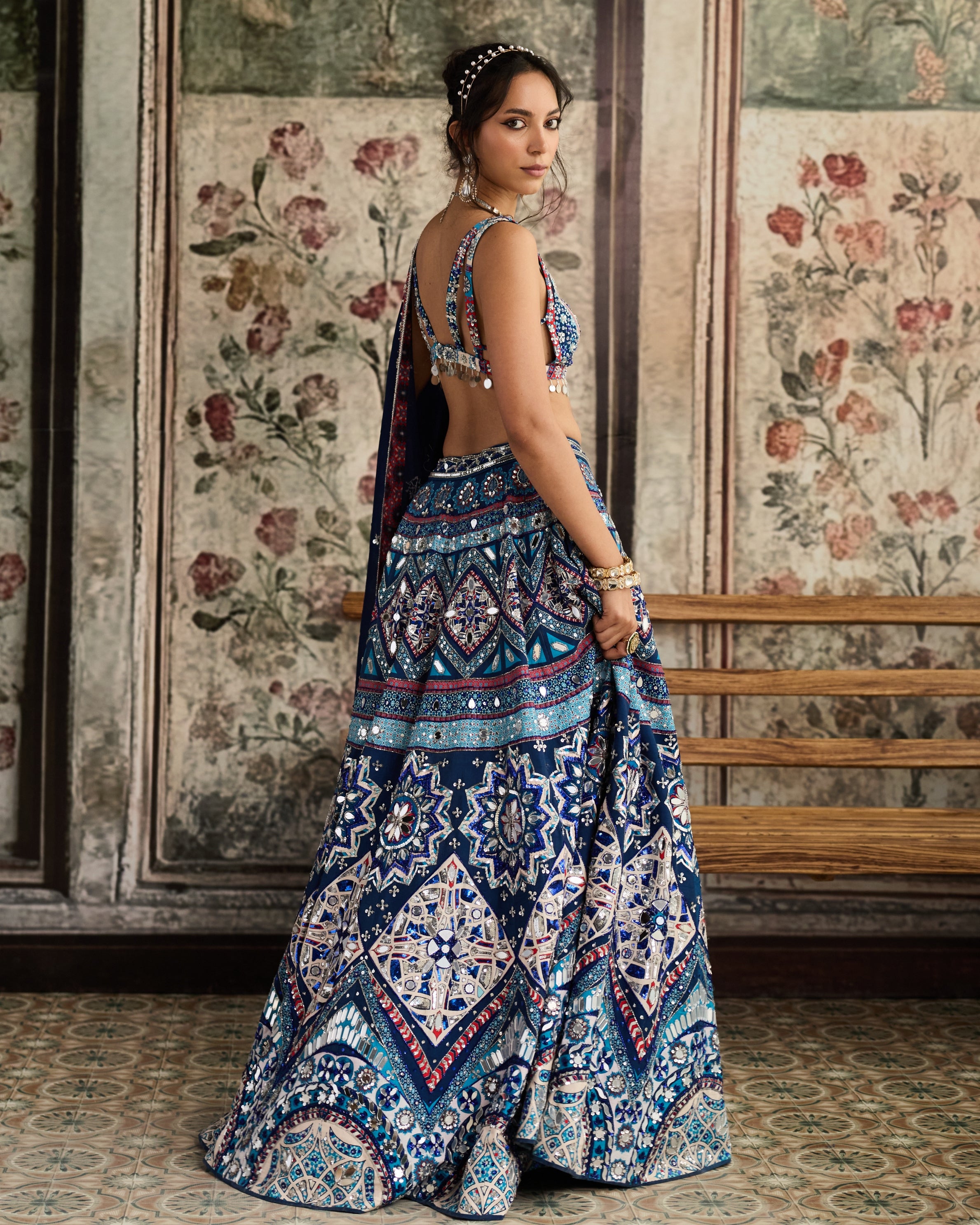 Teal Print And Highlighted Lehenga Set