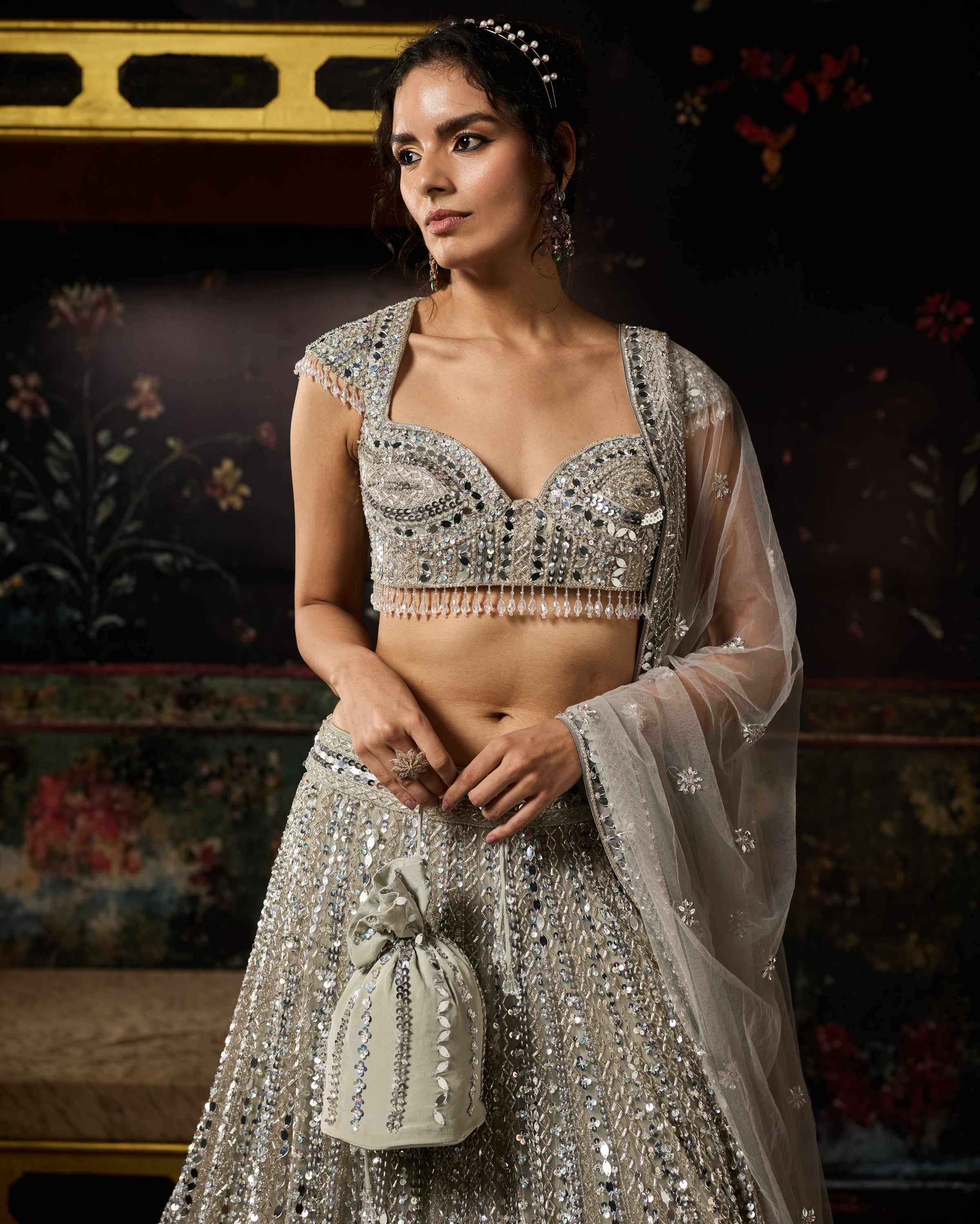 Silver Embellished Mirrorwork Lehenga Set