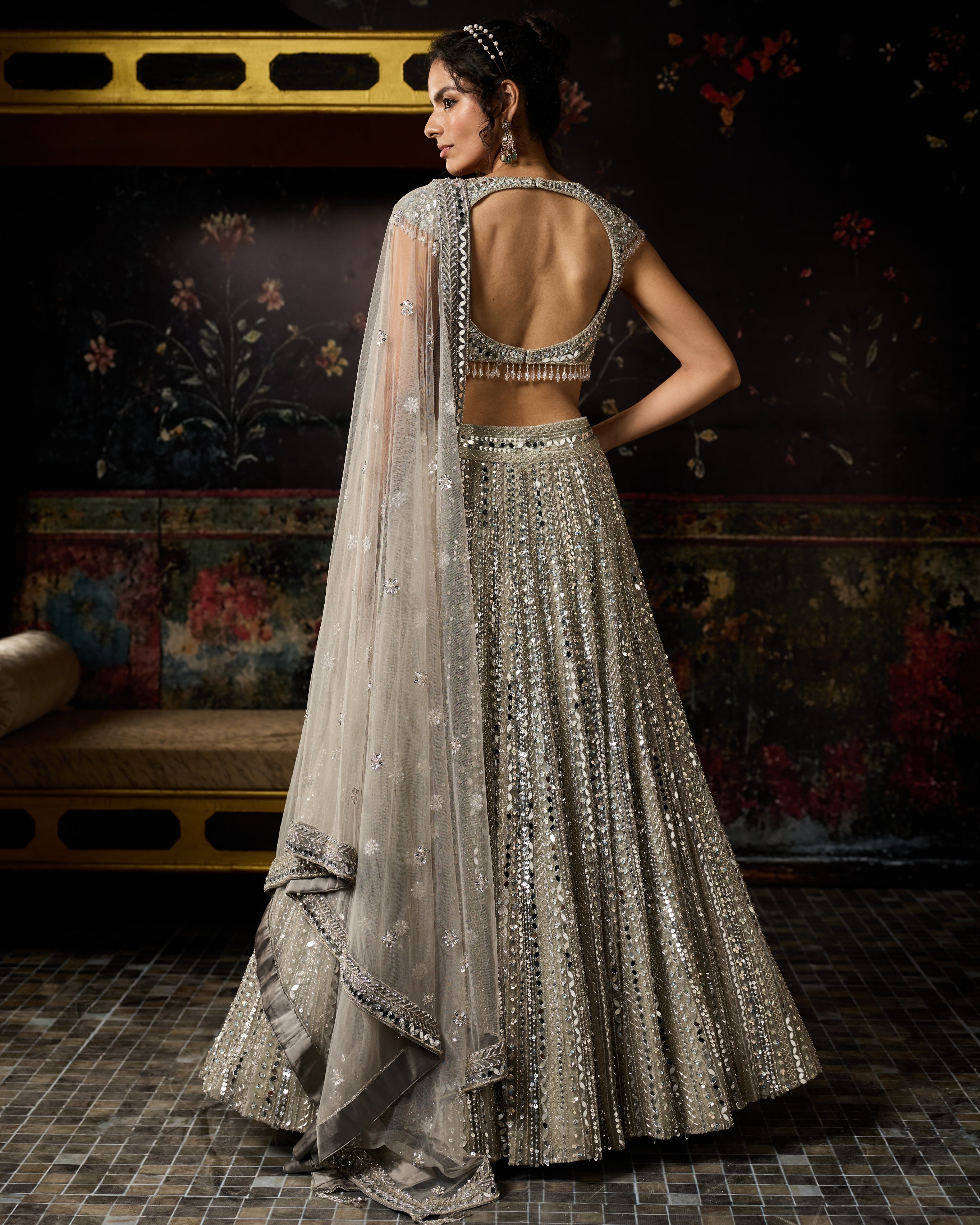 Silver Embellished Mirrorwork Lehenga Set