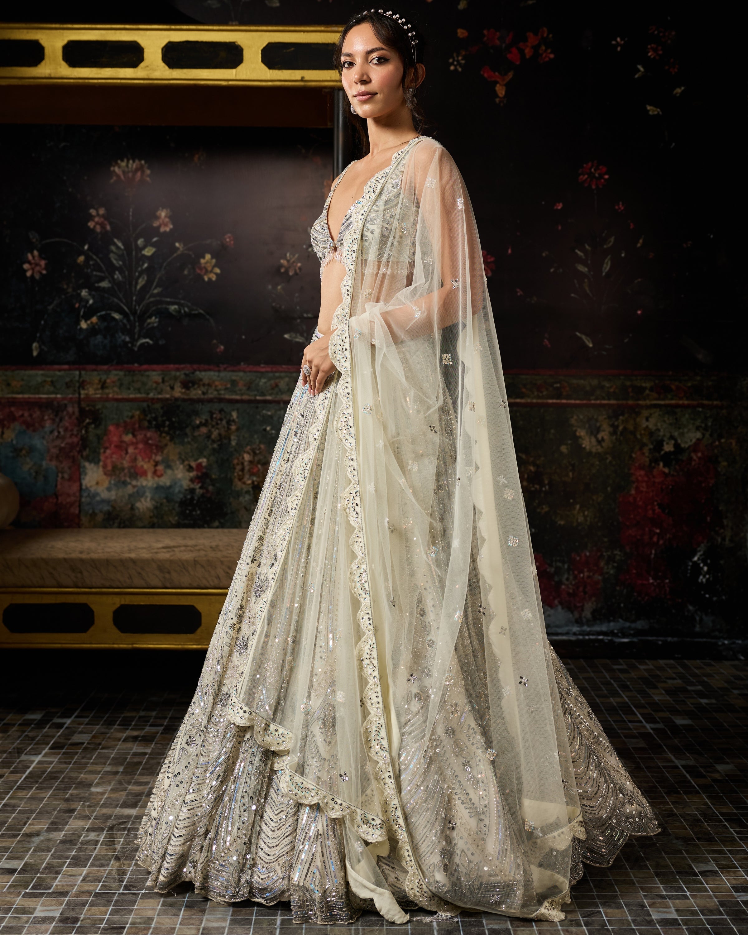 Ivory Fully Embroidered Scallop Lehenga Set