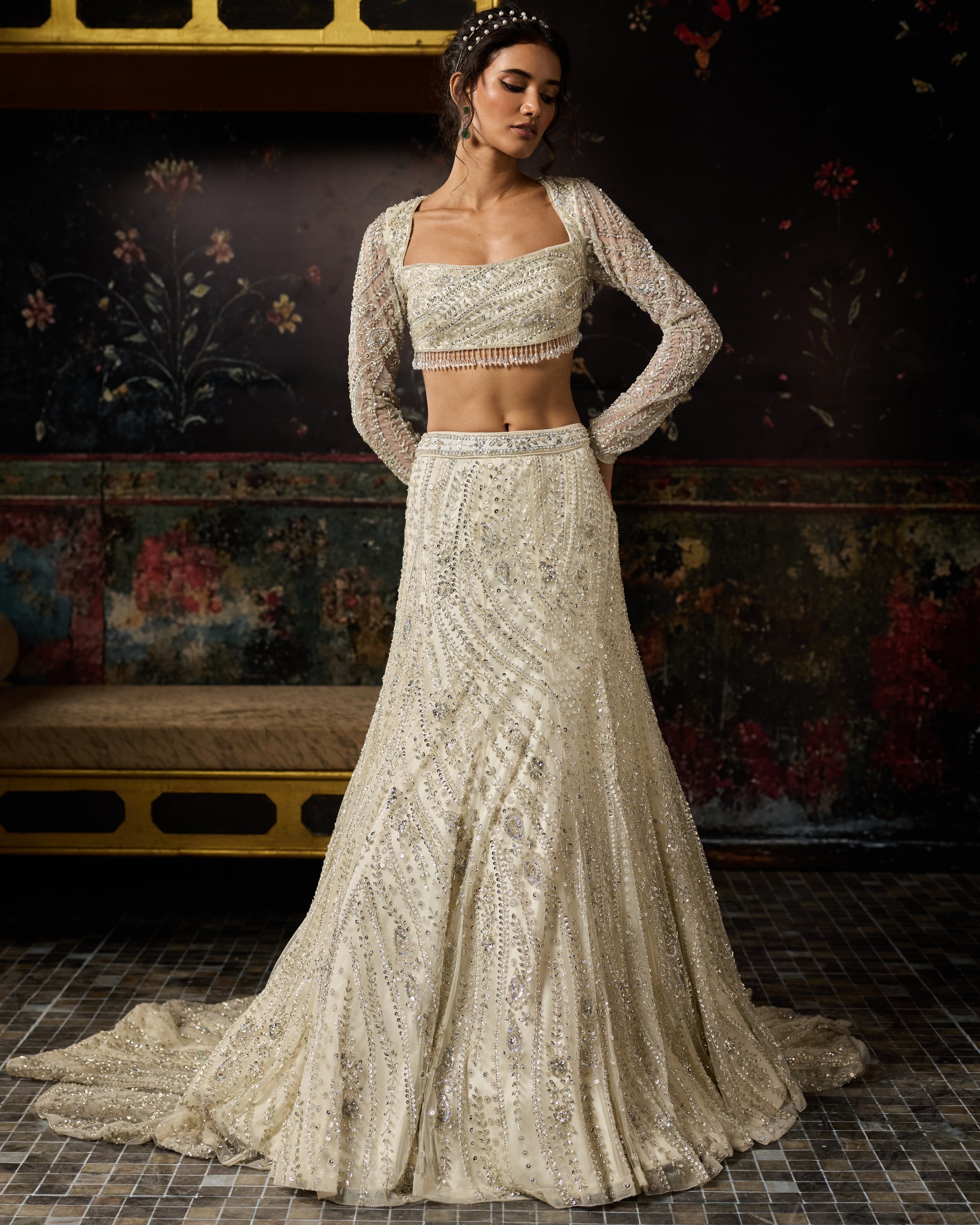 Silver Fully Embellished Long Trail Lehenga Set