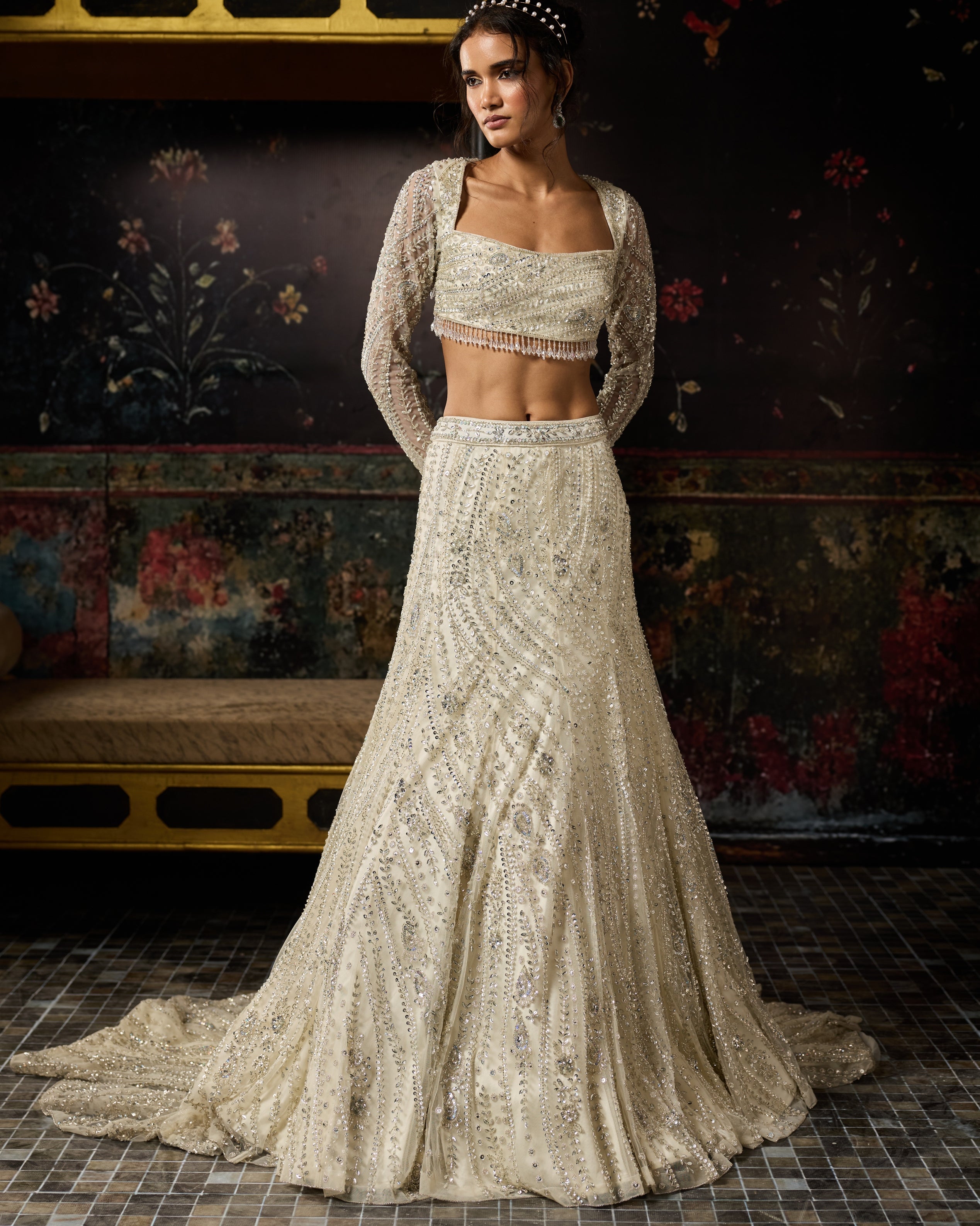 Silver Fully Embellished Long Trail Lehenga Set