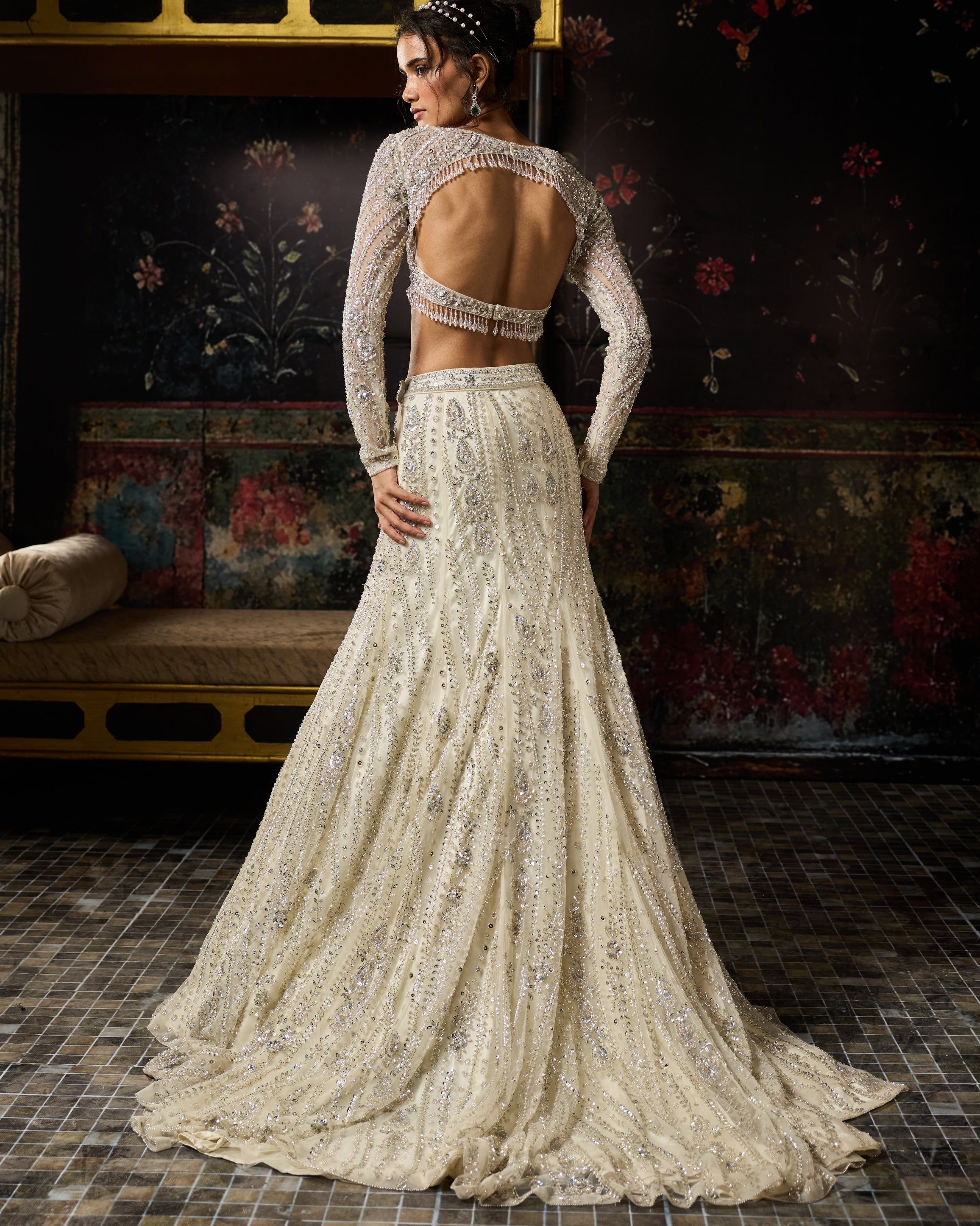 Silver Fully Embellished Long Trail Lehenga Set