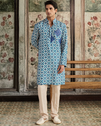 Blue & Ivory Print & Highlighted Kurta & Pants Set