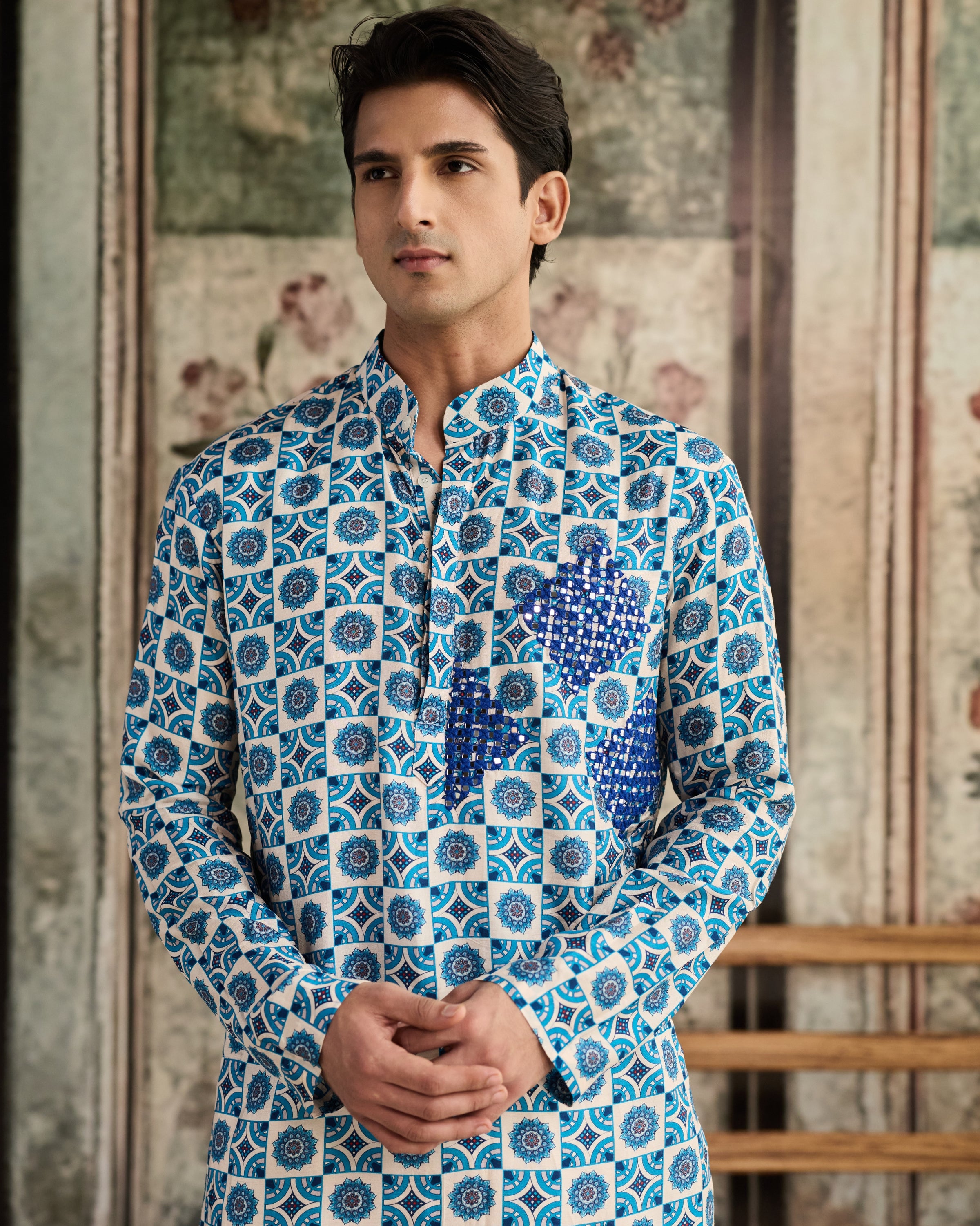 Blue & Ivory Print & Highlighted Kurta & Pants Set