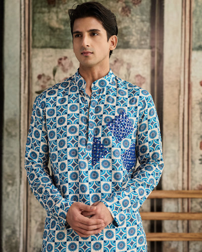 Blue & Ivory Print & Highlighted Kurta & Pants Set