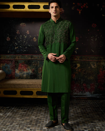 Green With Matt Gold Embroidered Kurta & Pants Set
