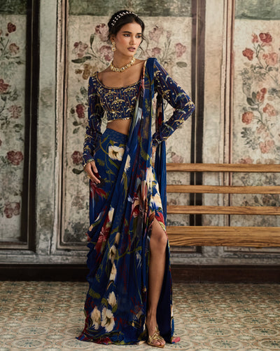 Blue Floral Printed Slit Skirt Sari Set