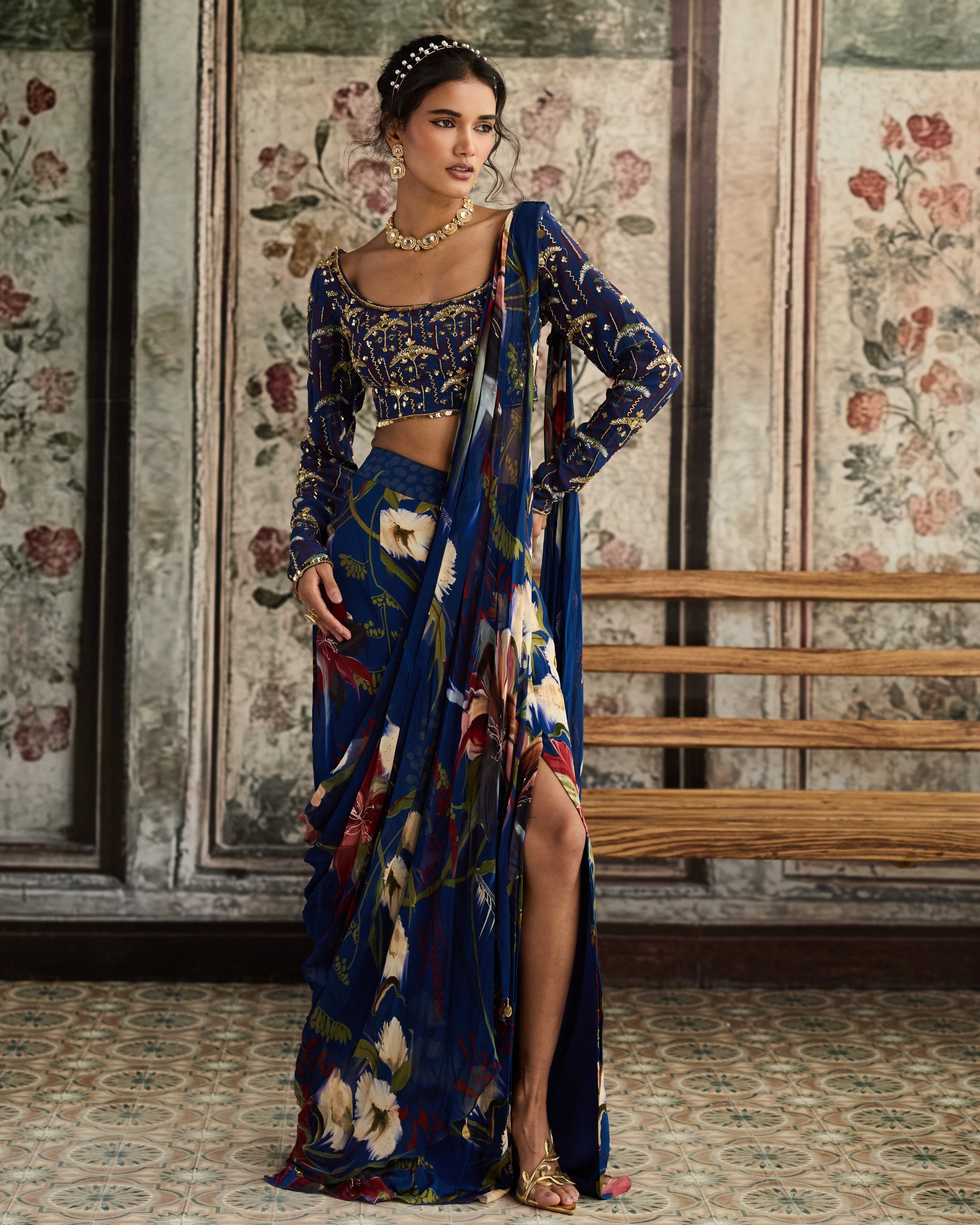 Blue Floral Printed Slit Skirt Sari Set
